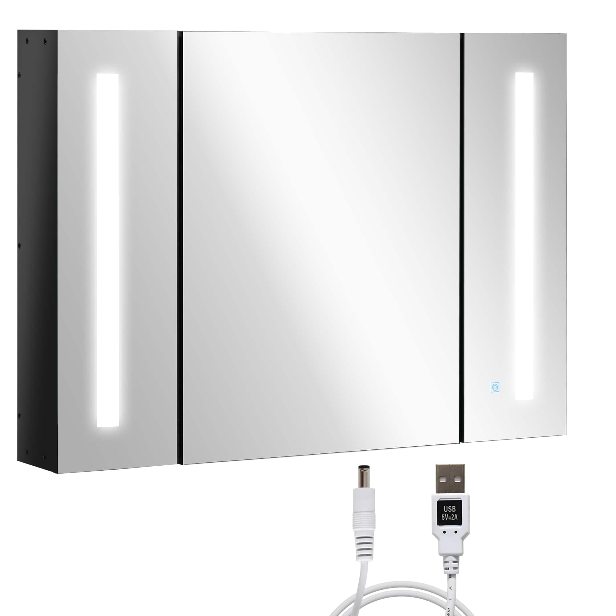 Kleankin - LED Lighted Medicine Cabinet with Mirror, 35.5"W x 25.5"H Wall Mounted Bathroom Cabinet with 3 Cupboards - Black