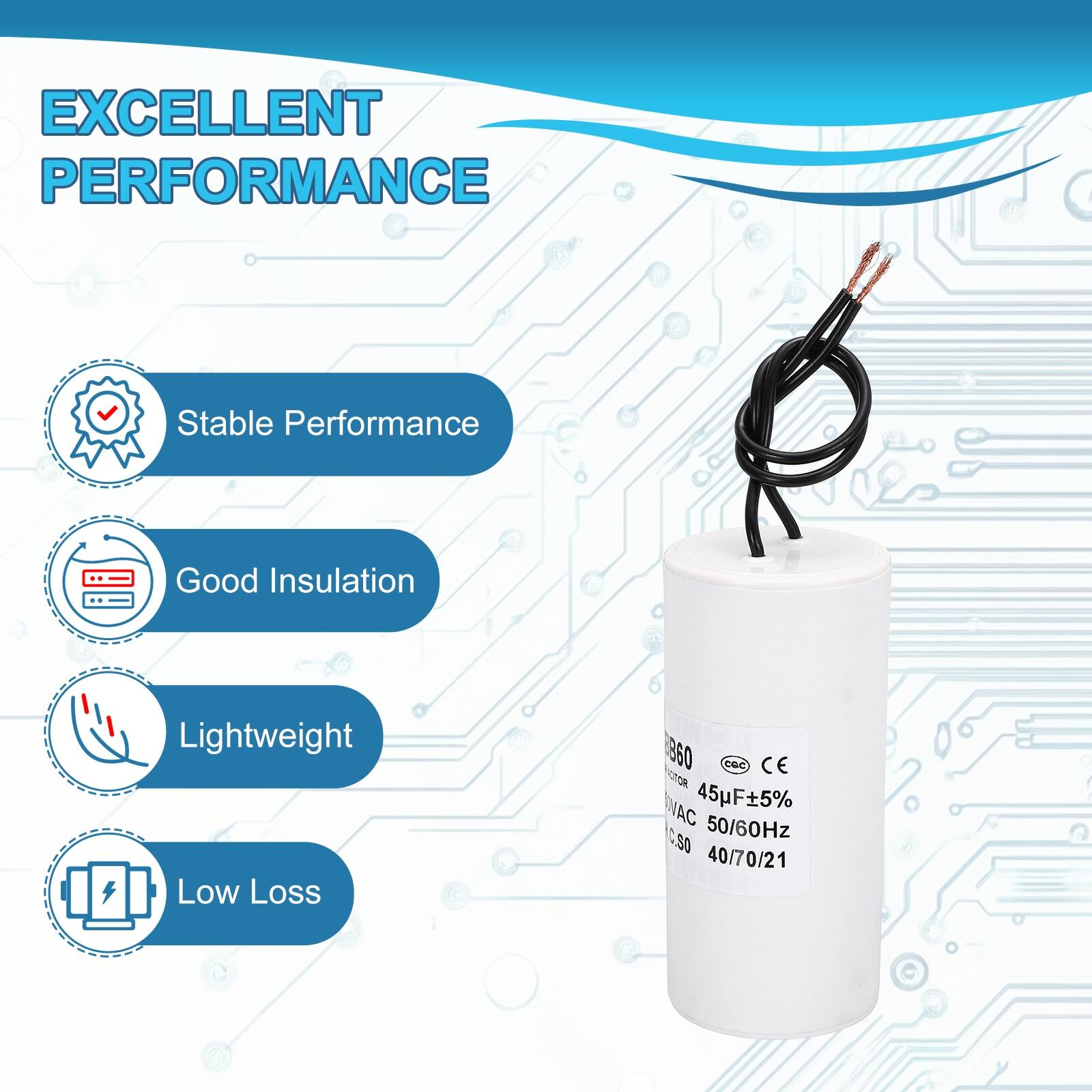 EXCELLENT PERFORMANCE

- Stable Performance
- Good Insulation
- Lightweight
- Low Loss

860 CBC CE ETR INAC

45pF±5% 50/60Hz S0 40/70/21