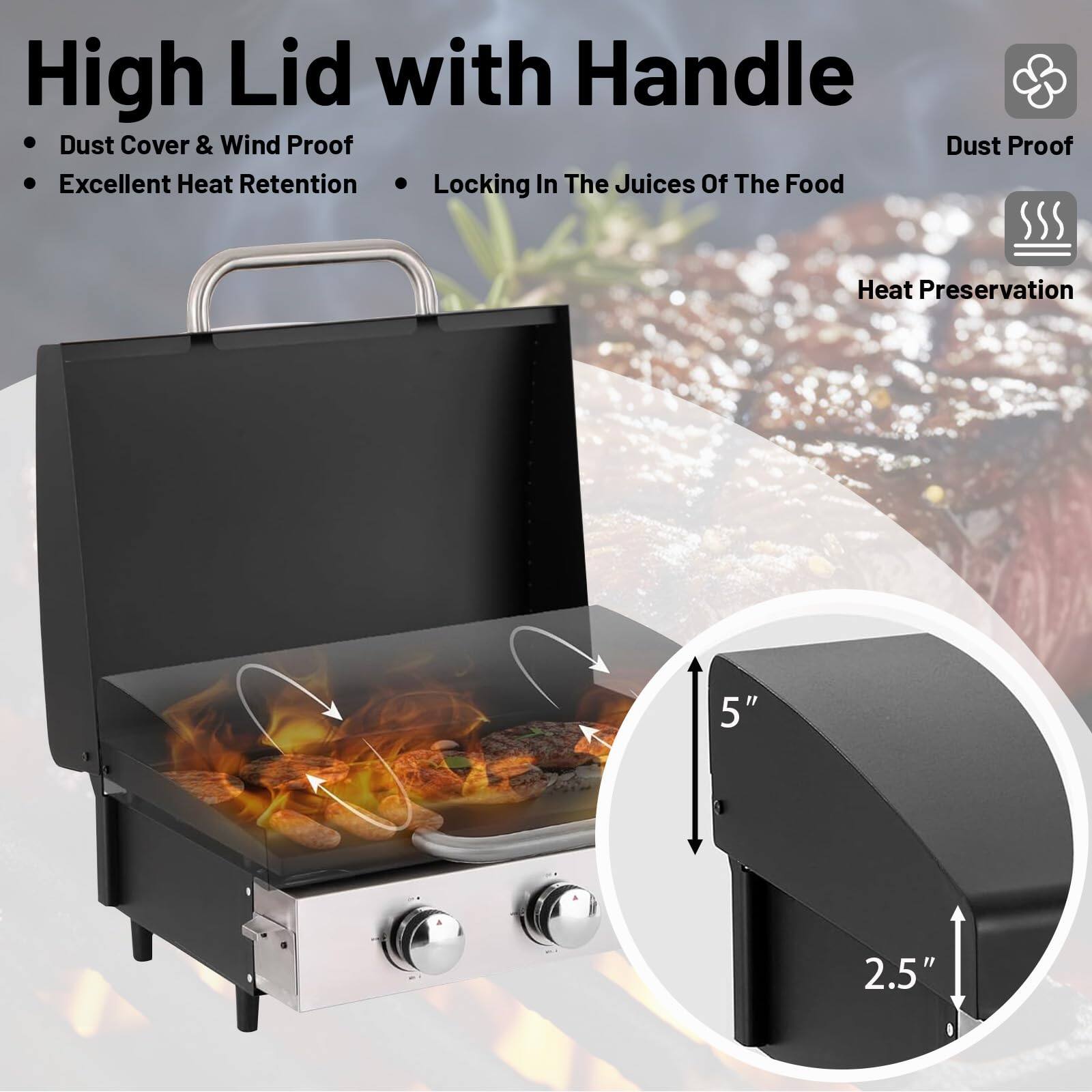 High Lid with Handle

- Dust Cover & Wind Proof
- Excellent Heat Retention
- Locking In The Juices Of The Food
- Heat Preservation

Dust Proof

5"  
2.5"