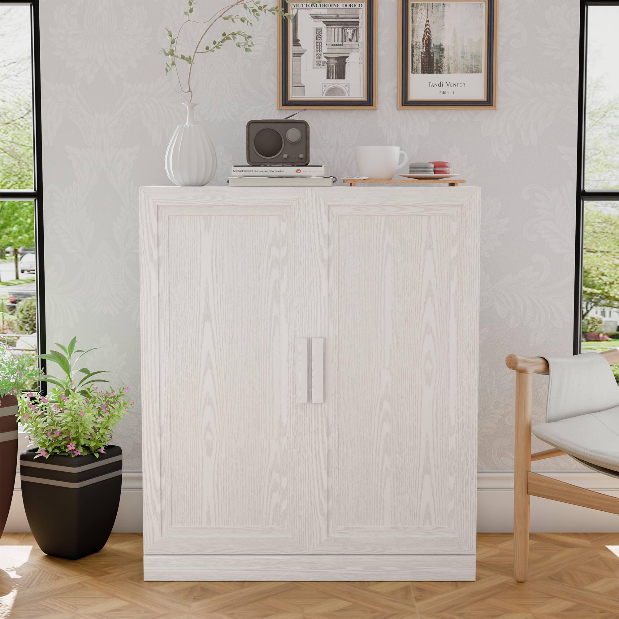 PexFix - Farmhouse Buffet Sideboard, 36" Oak Storage Cabinet with Scratch-Proof and Adjustable Shelves for Entryway - White