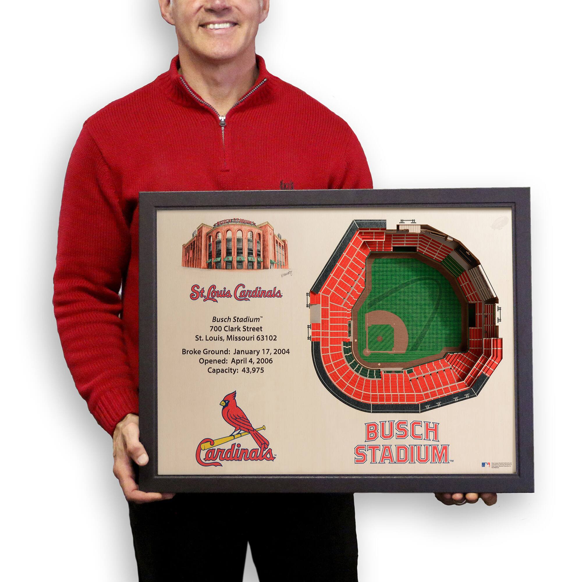 St. Louis Cardinals  
Busch Stadium  
700 Clark Street  
St. Louis, Missouri 63102  

Broke Ground: January 17, 2004  
Opened: April 4, 2006  
Capacity: 43,975  

M Cardinals  
BUSCH STADIUM