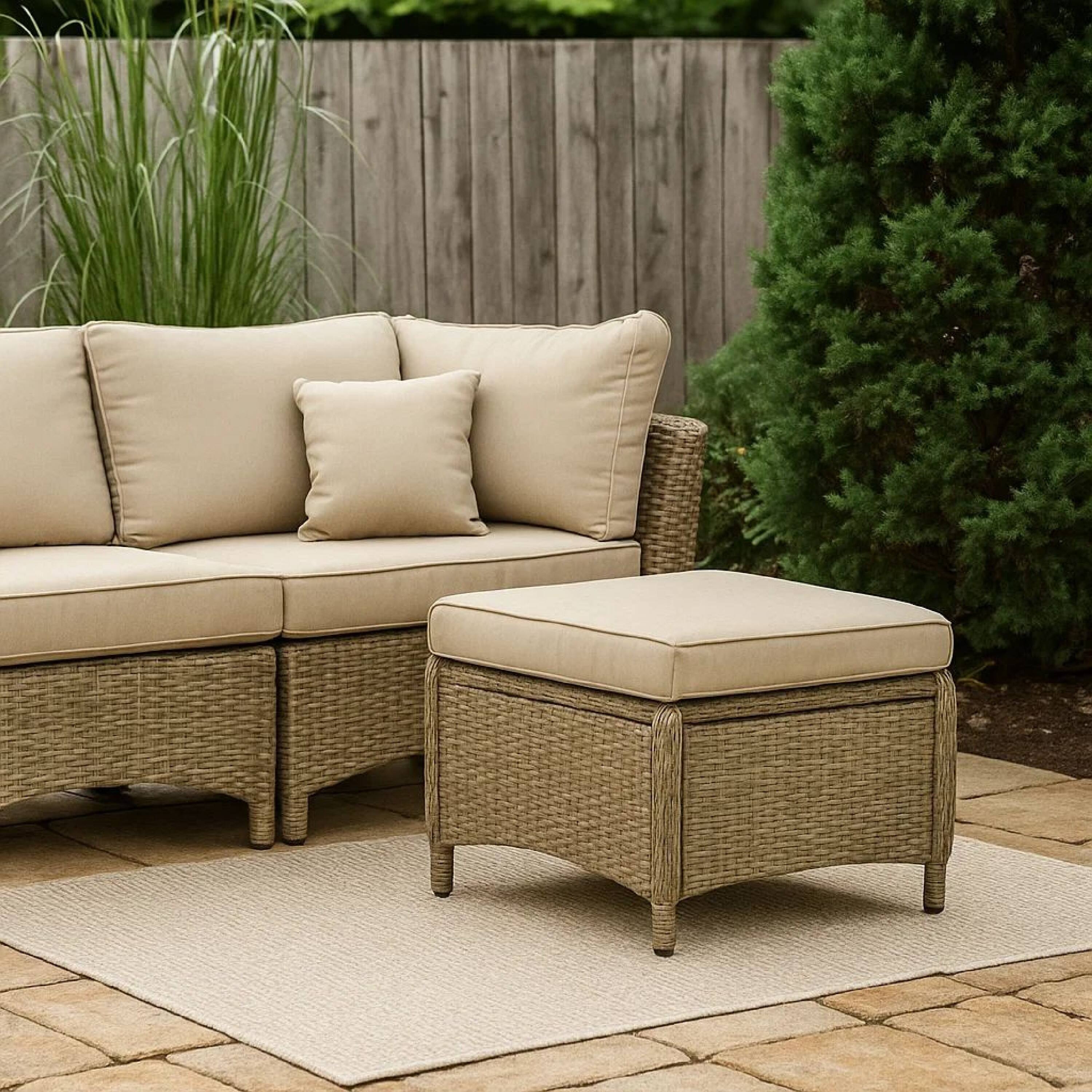 Alt View 7. Manhattan Lane - Ankia 21 Inch Outdoor Square Ottoman, Set of 2, Beige Fabric, Faux Wicker - Beige, Brown.