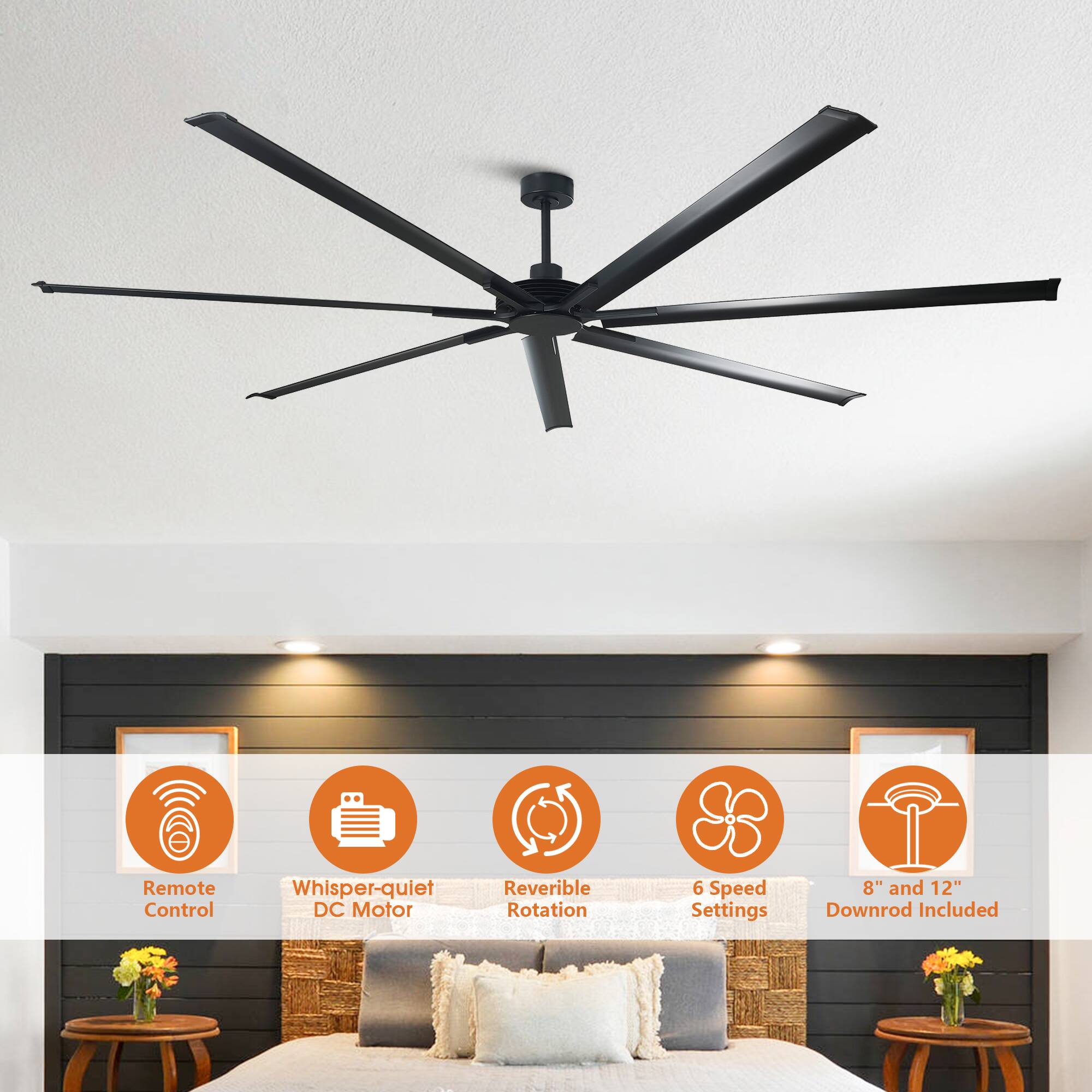 Remote Control  
Whisper-quiet DC Motor  
Reversible Rotation  
6 Speed Settings  
8" and 12" Downrod Included