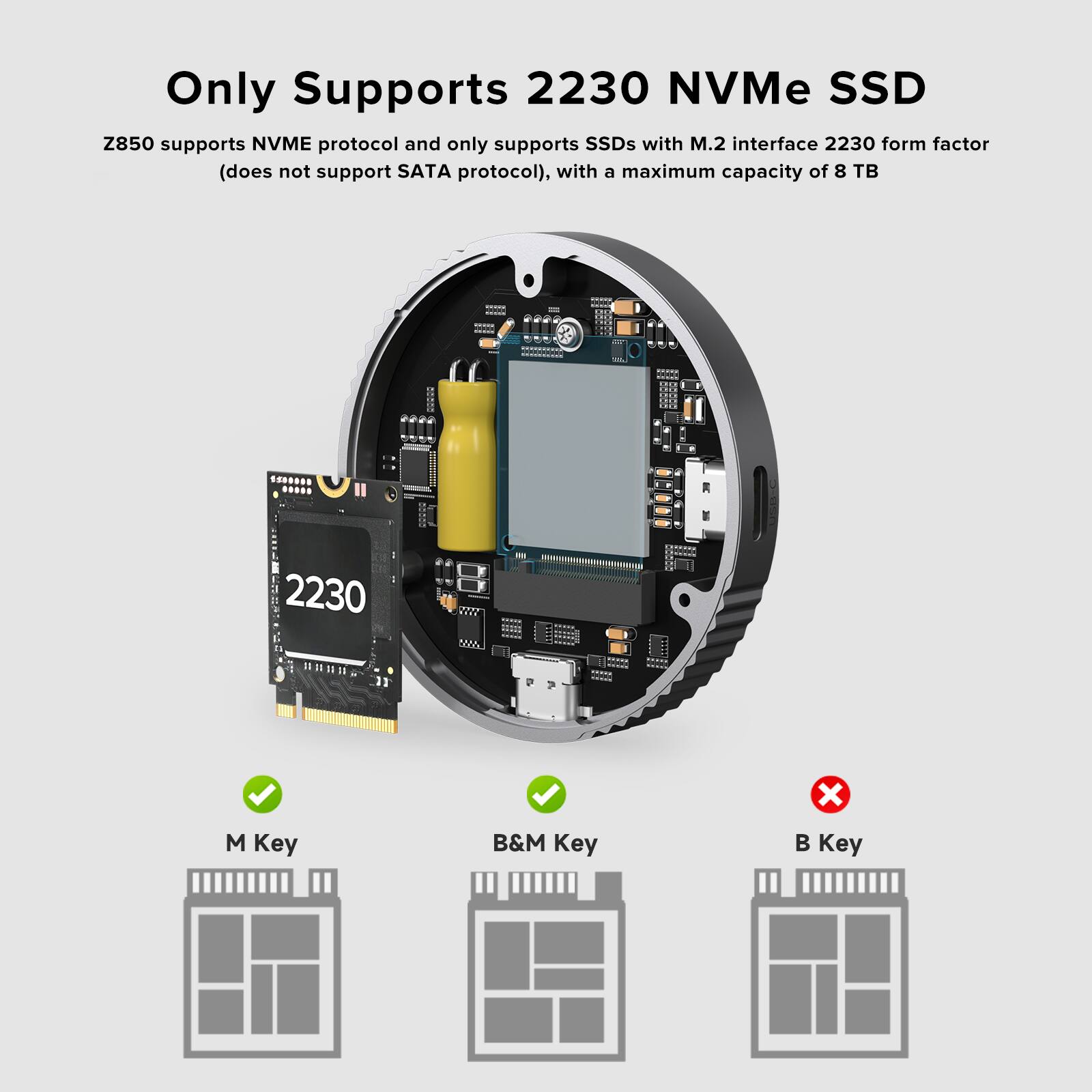 Only Supports 2230 NVMe SSD

Z850 supports NVMe protocol and only supports SSDs with M.2 interface 2230 form factor (does not support SATA protocol), with a maximum capacity of 8 TB.

- M Key
- B&M Key
- B Key