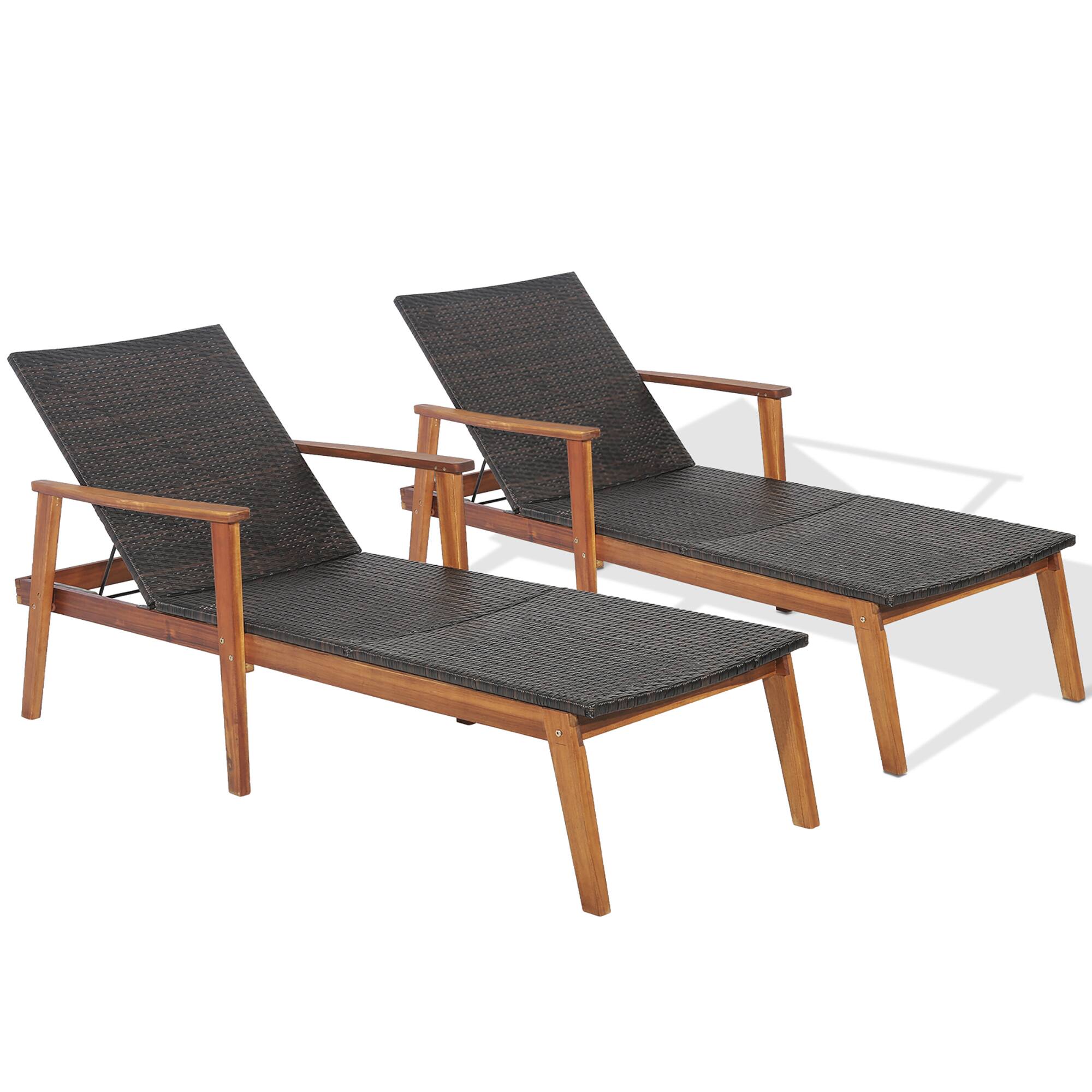 Alt View 1. Gymax - Gymax 2PCS Adjustable Patio Rattan Lounge Chair  Recliner Outdoor Chaise Acacia Wood Frame - Mix Brown.