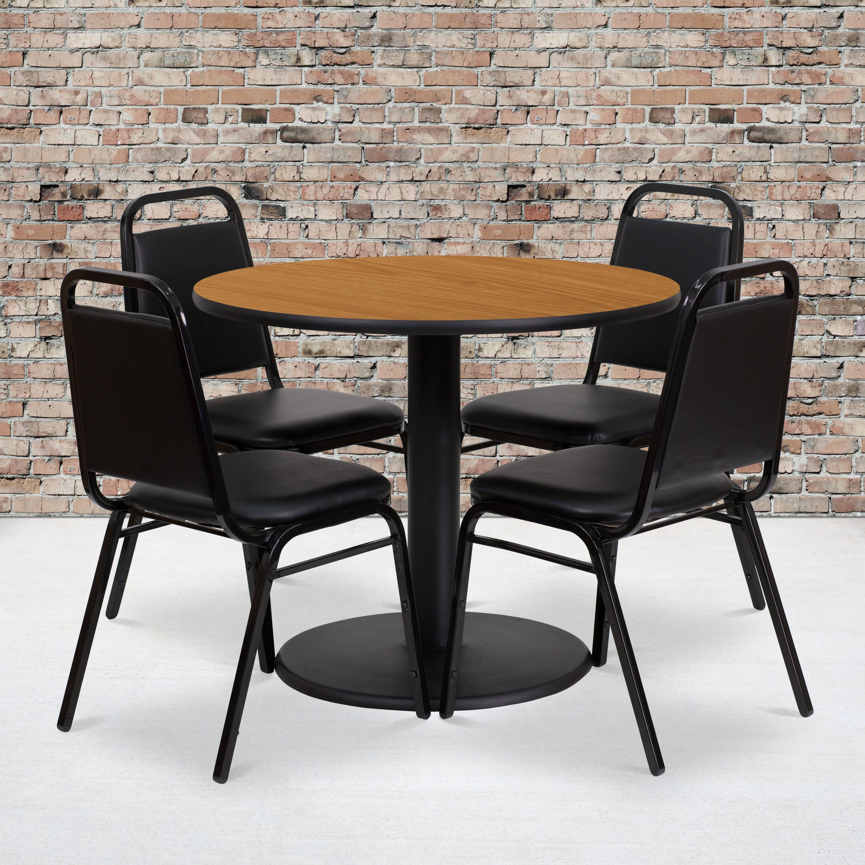 Angle. Flash Furniture - Jamie 36'' Round Natural Laminate Table Set with Round Base and 4 Black Trapezoidal Back Banquet Chairs - Black.