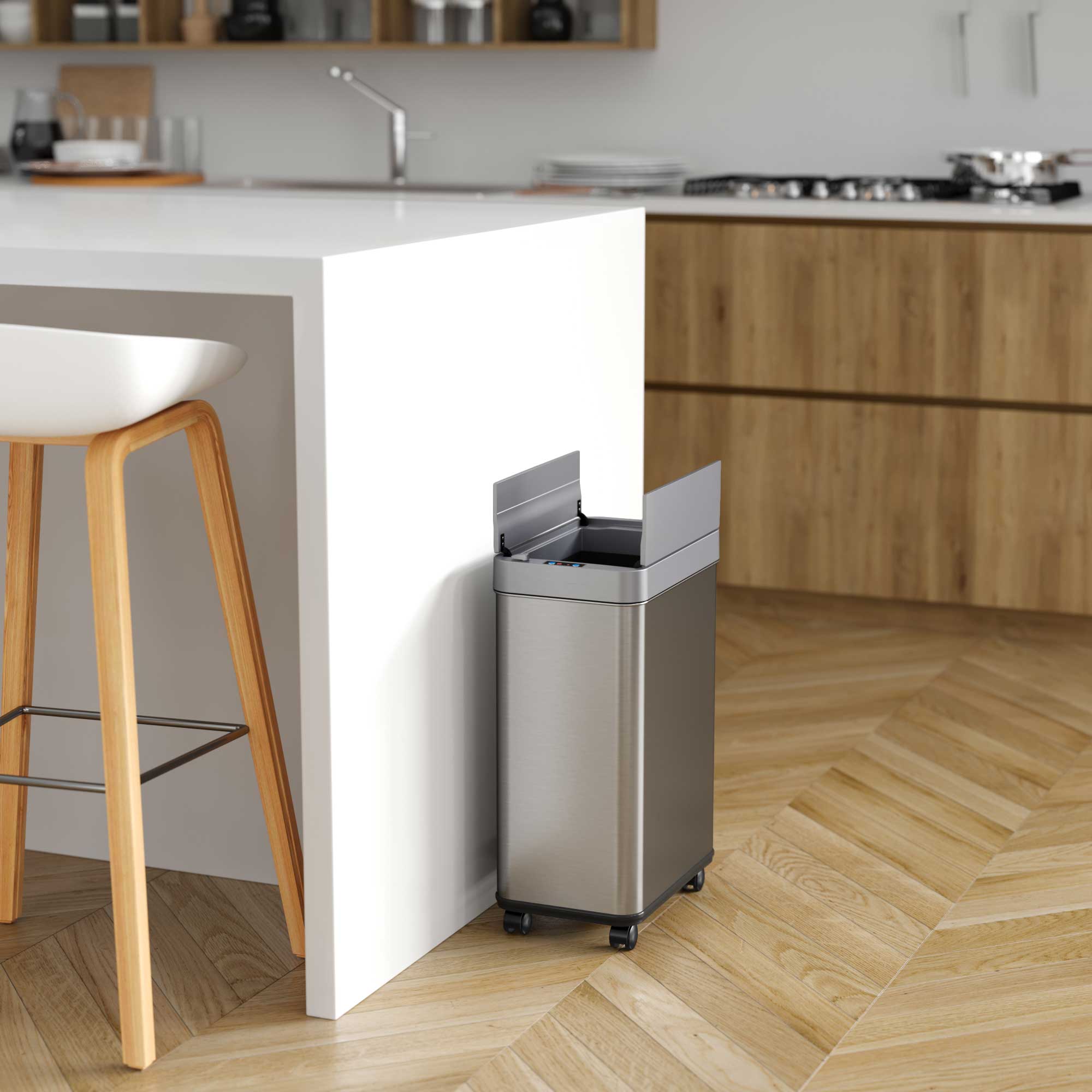 Back. iTouchless - 13 Gallon Wings Open Stainless Steel Sensor Kitchen Trash Can with Wheels and AbsorbX Odor Filter - Silver.