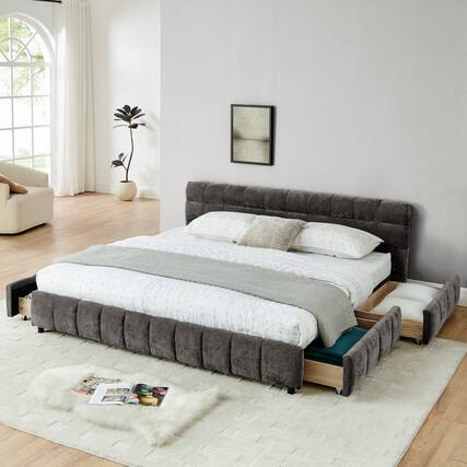 Front. Anysun - King Chenille Upholstered Bed Frame with Headboard - Solid Construction & Storage Drawer. - Grey.