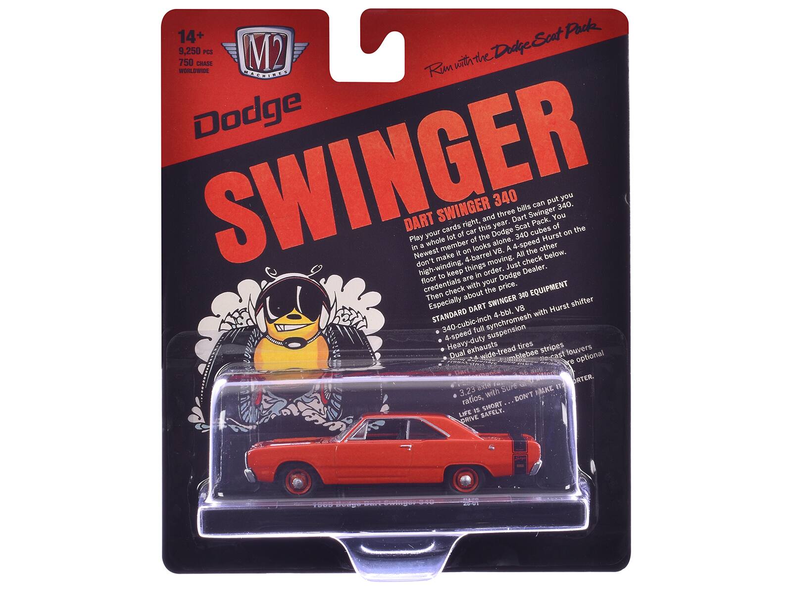 14+  
9,250 PCS  
750 CHASE  
WORLDWIDE  

Dodge  
SWINGER  

DART SWINGER 340  

Play your cards right, and three bills can put you in the Dodge Swinger 340. A whole lot of things are moving. Dodge 340 alone. You can put you in the Dodge Swinger 340. Just check the other bills below.  

EQUIPMENT  
- STANDARD DART SWINGER V8  
- 340-cubic-inch 4-bbl. V8  
- 4-speed synchromesh  
- Heavy-duty suspension  
- Heavy-duty exhausts  
- Dual 6-wide-tread tires  

3.23 axle ratios, with SHORT LIFE IS SAFELY.  
DRIVE