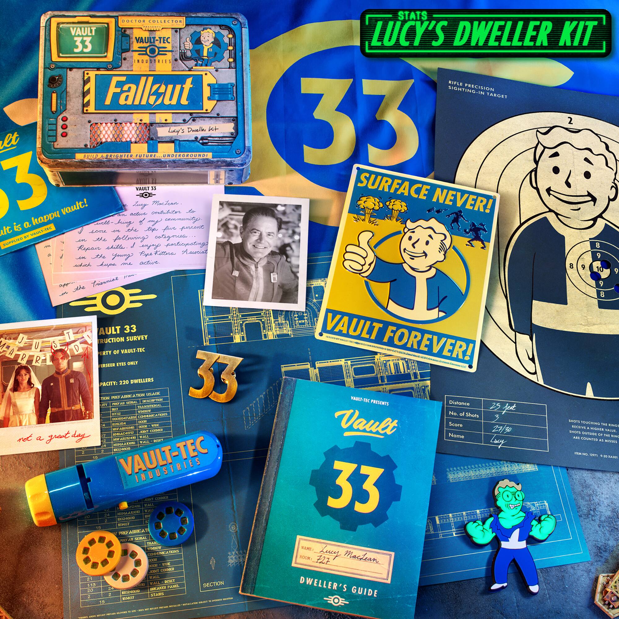 The image features a collection of items related to the Fallout video game series. There are several books, including a Vault Dweller's Survival Guide, a Vault-Tec 33 Survival Guide, and a Dweller's Guide. There are also multiple Vault-Tec 33 items, such as a Vault-Tec 33 Survival Kit and a Vault-Tec 33 Slide Projector. Additionally, there are two Vault-Tec 33 books, a Vault-Tec 33 Slide Projector, and a Vault-Tec 33 Survival Kit. The items are arranged in a visually appealing manner, showcasing the various components of the Fallout series.