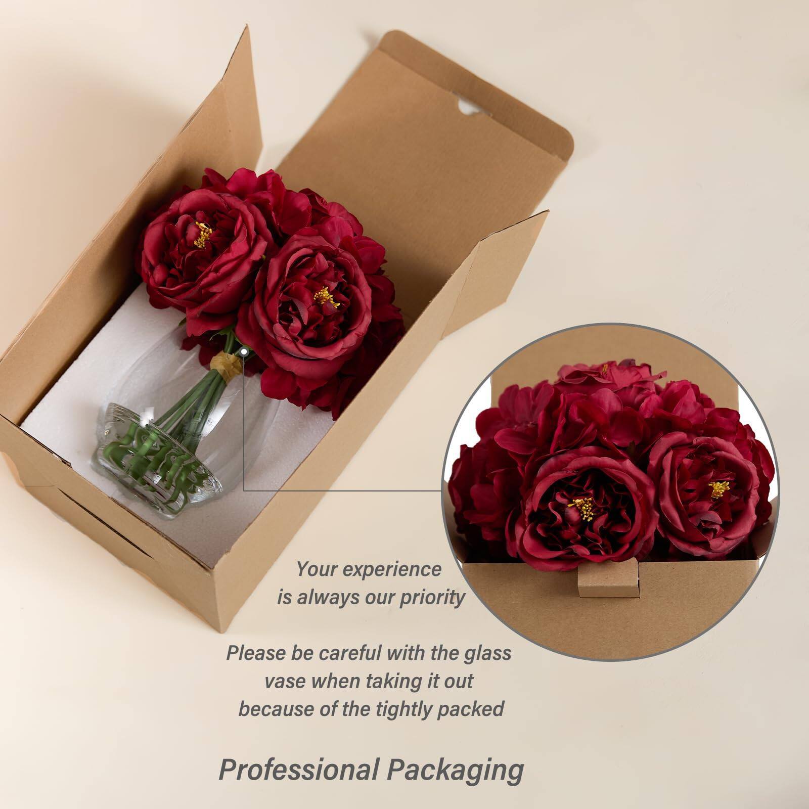 Your experience is always our priority. Please be careful with the glass vase when taking it out because of the tightly packed Professional Packaging.