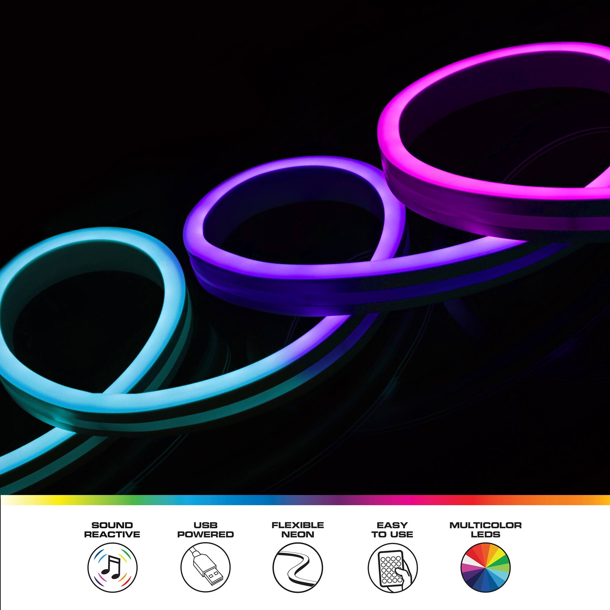 SOUND REACTIVE USB POWERED FLEXIBLE NEON EASY TO USE MULTICOLOR LEDS