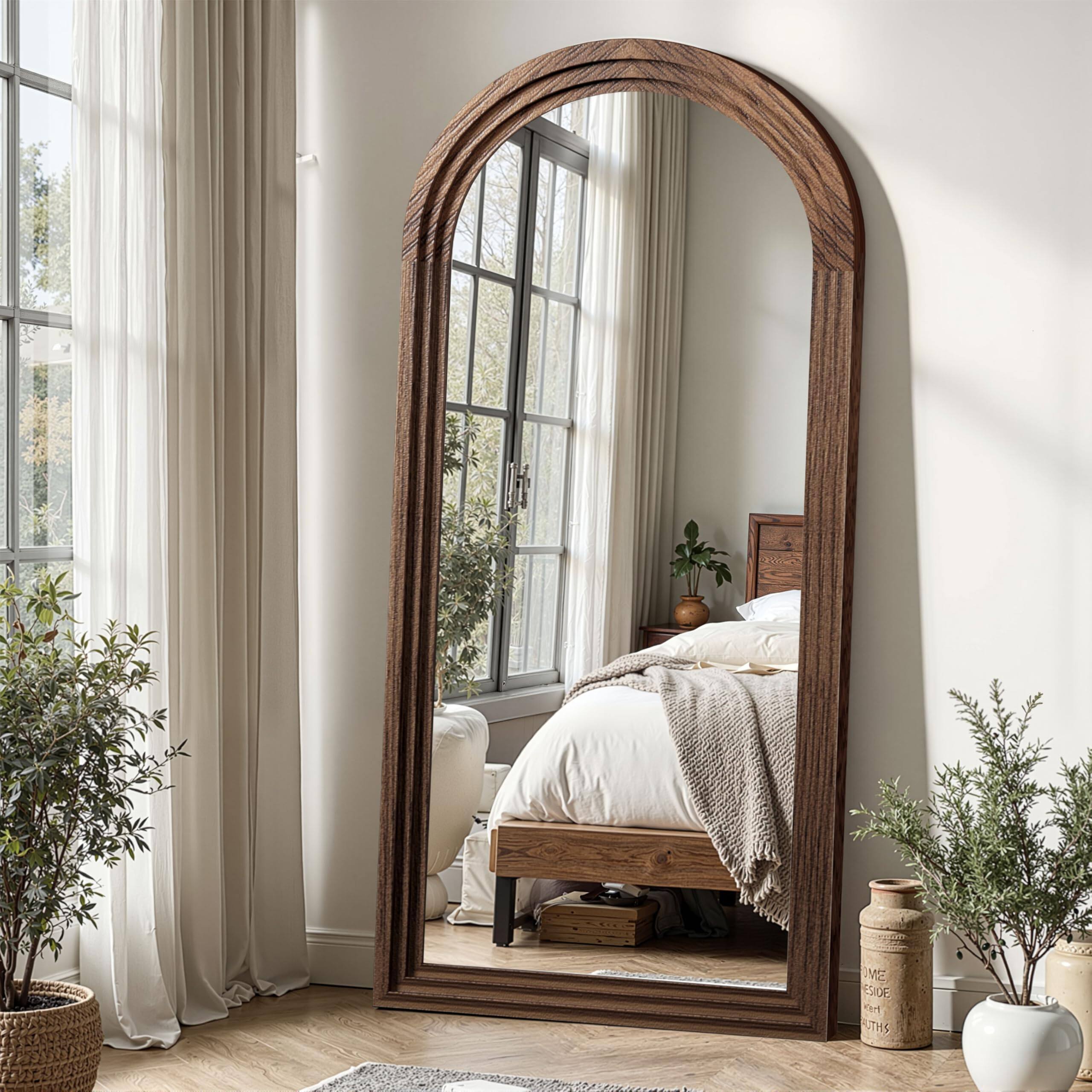 ThinkLink Electronic - Arched Full Length Mirror With Solid Wood Frame Farmhouse Wall Mounted Floor Stand Vertical Hanging Leaning St - Brown 55"L x 24"W