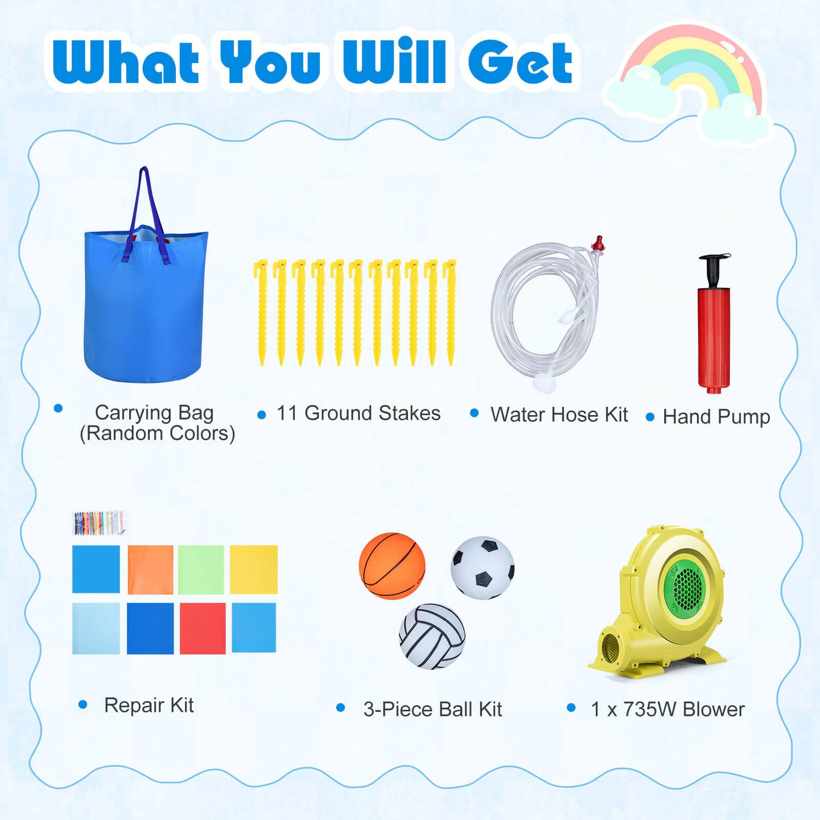 What You Will Get

- Carrying Bag (Random Colors)
- 11 Ground Stakes
- Water Hose Kit
- Hand Pump
- Repair Kit
- 3-Piece Ball Kit
- 1 x 735W Blower