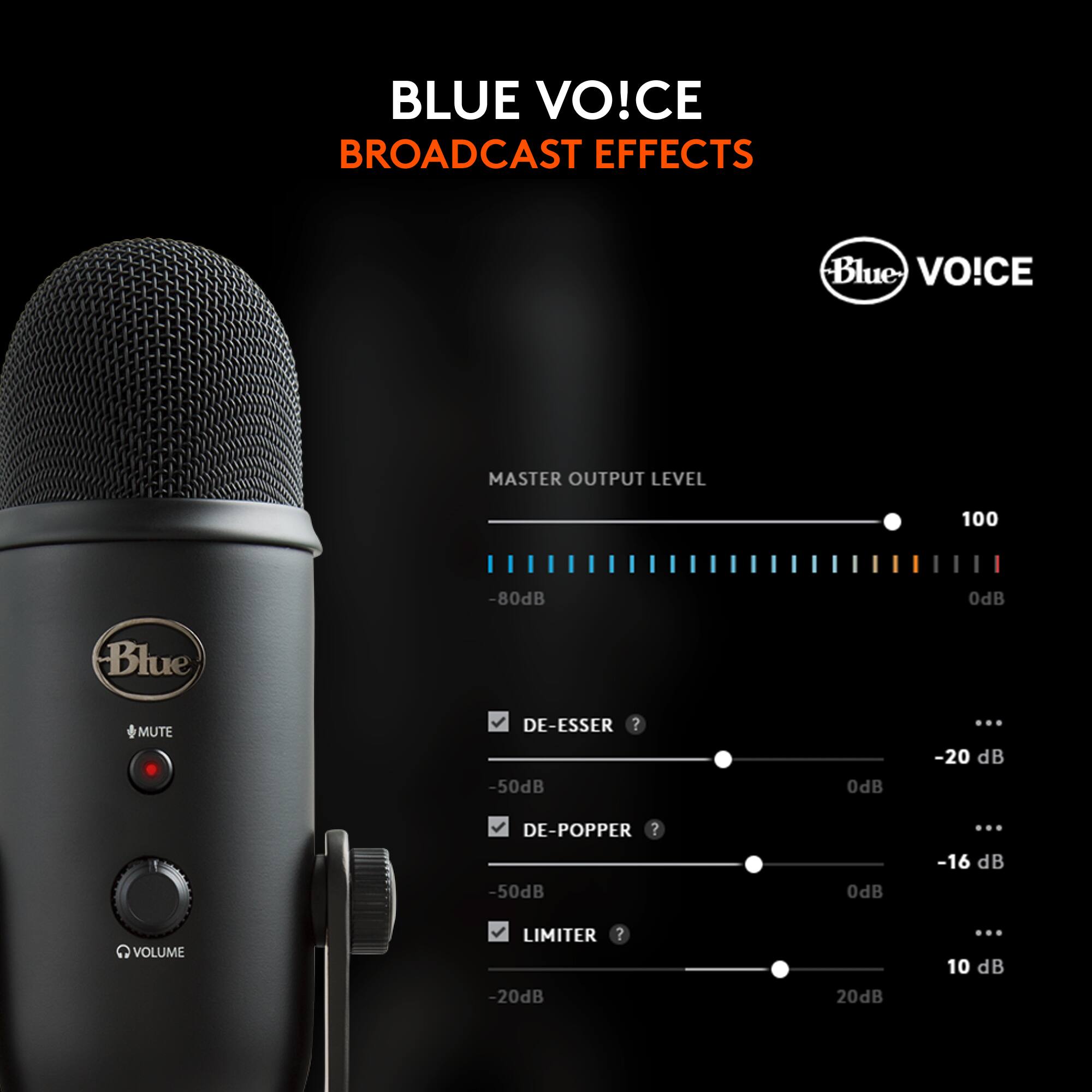 Blue Voice Broadcast Effects:

1. Master Output Level: 100 - 80 dB odB
2. Blue Mute: -50 dB odB
3. De-Essser: -50 dB odB
4. De-Popper: -50 dB odB
5. Volume Limiter: -20 dB to 20 dB

These effects are designed to enhance the audio quality of broadcasts by reducing background noise, managing volume levels, and improving overall sound clarity.