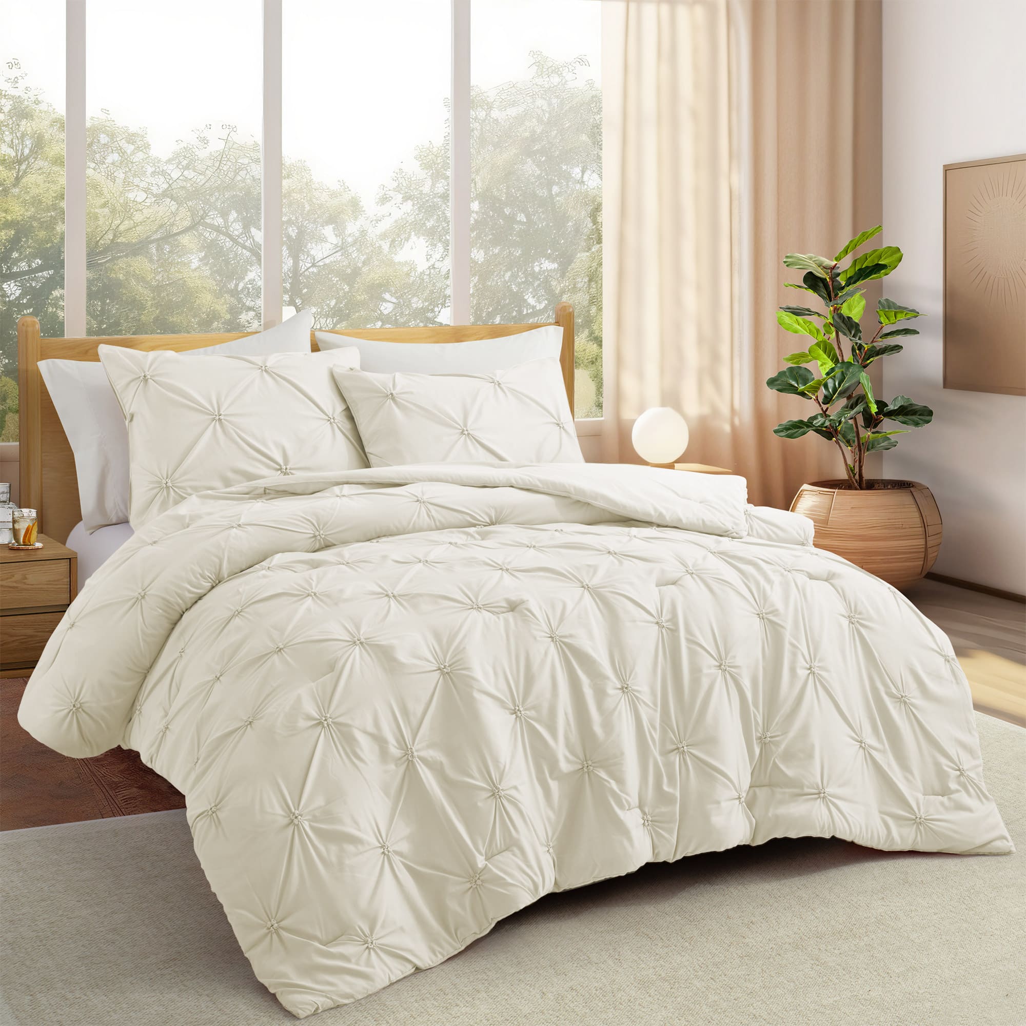 Peace Nest 3 Pieces Pinch Pintuck Comforter Set Bedding Set for All Season - Cream