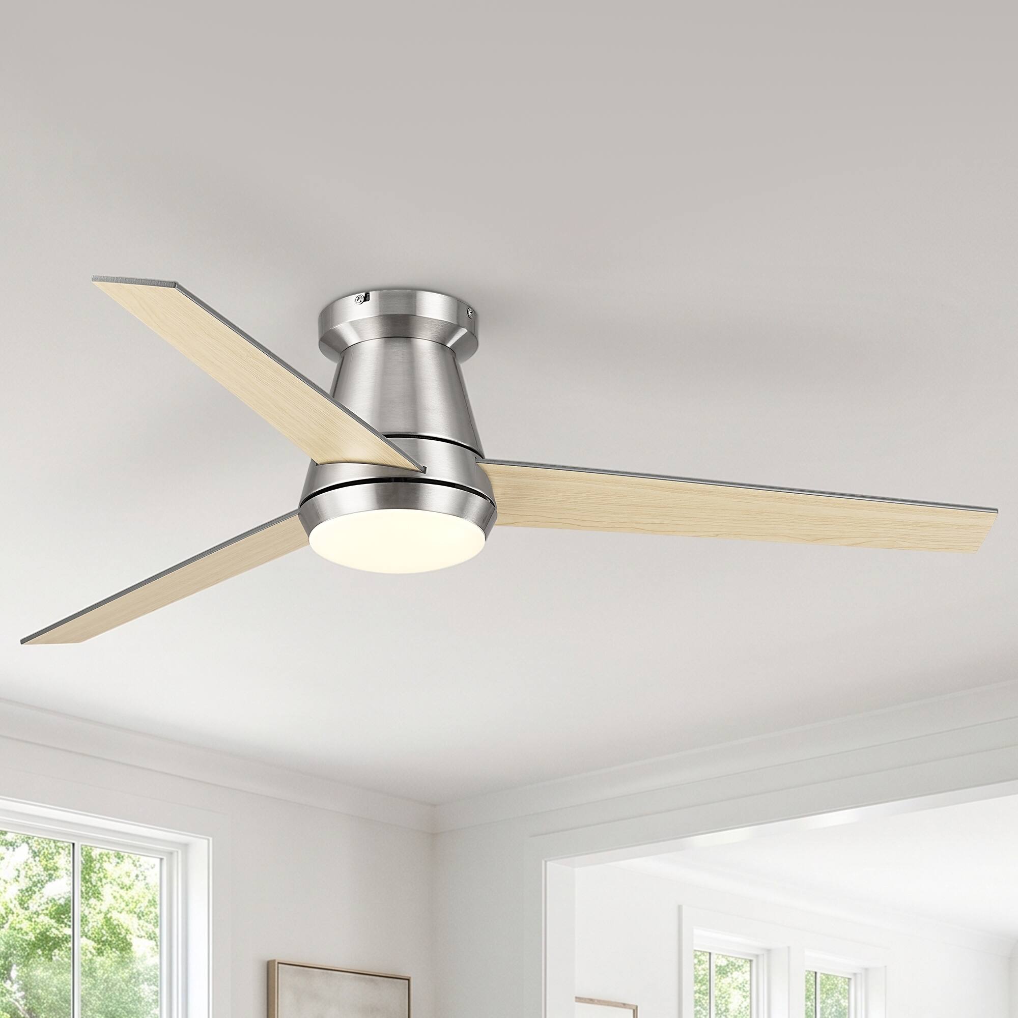 Front. Vaczon - 52" Modern 3 Reversible Blades Smart Flush Mount Ceiling Fan with App Control and 3CCT Dimmable LED - Satin Nickle.