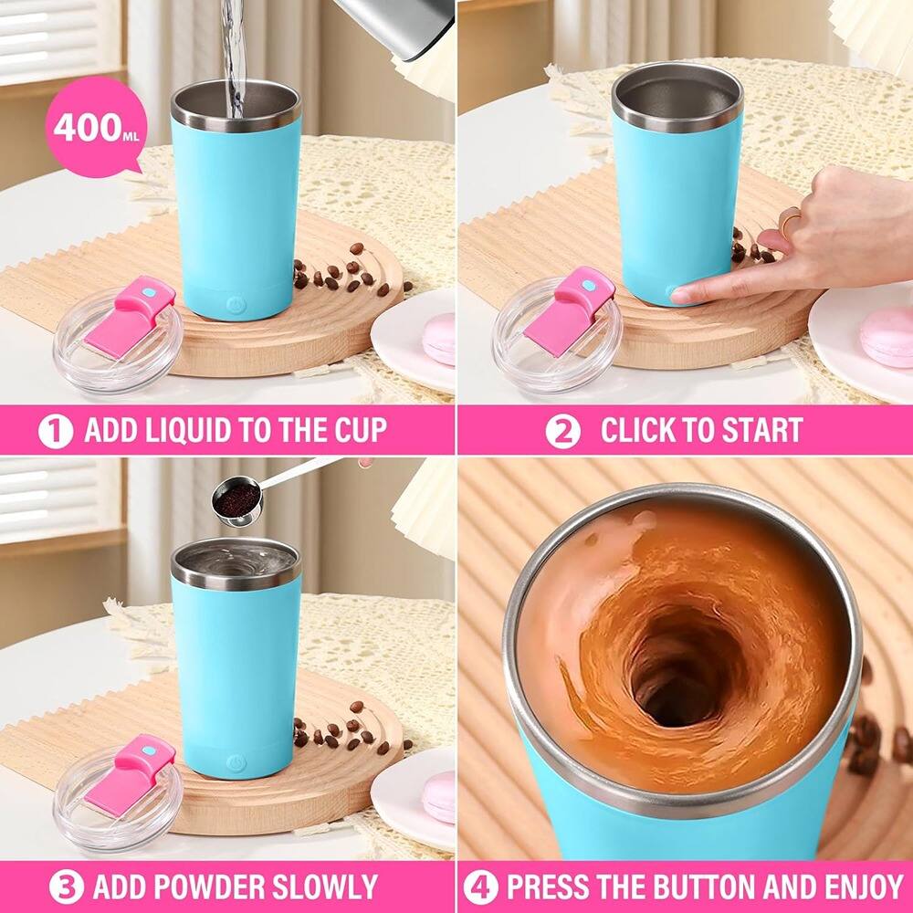 1. Add liquid to the cup
2. Click to start
3. Add powder slowly
4. Press the button and enjoy