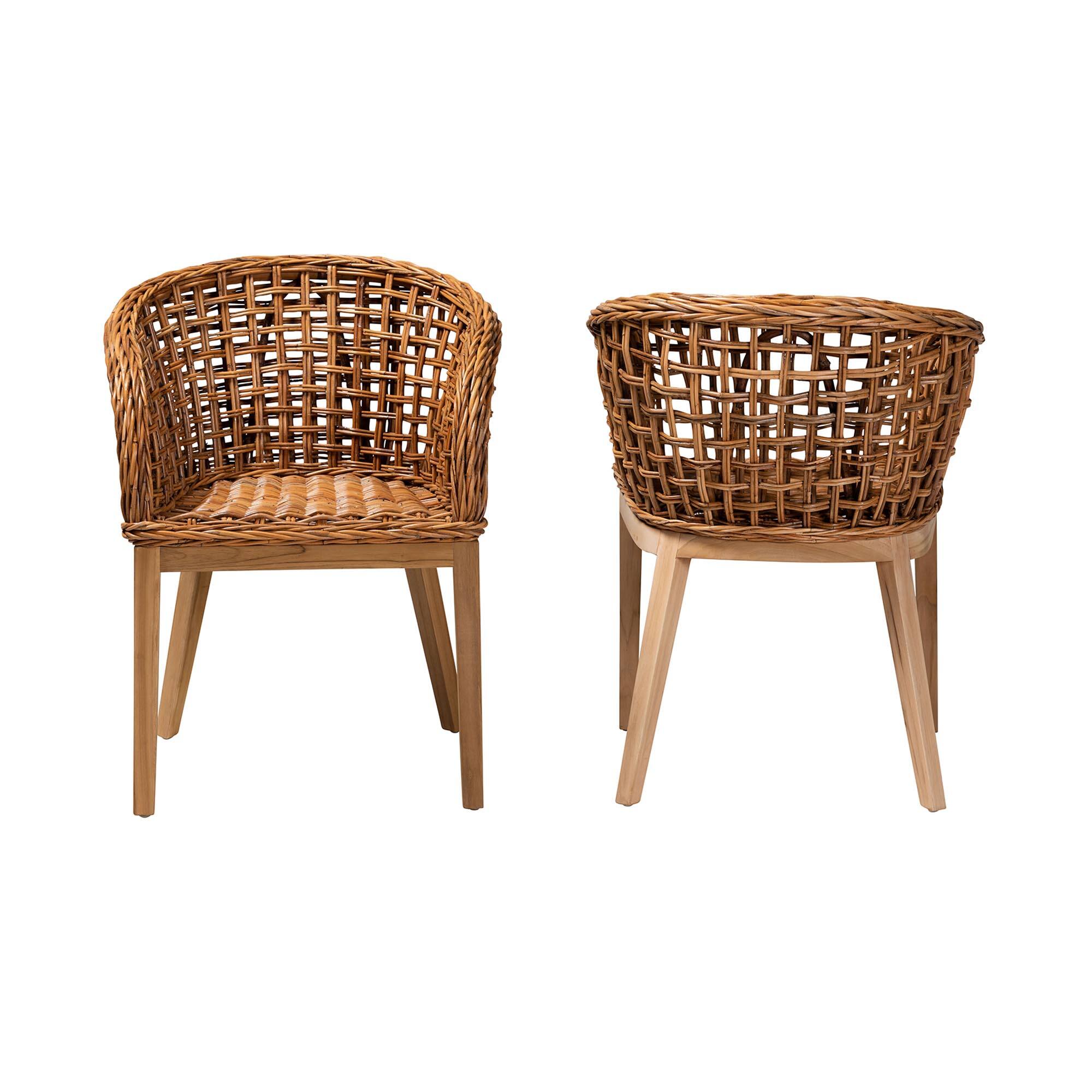 Angle. bali & pari - Mario Modern Bohemian Finished Teak Wood and Rattan 2-Piece Dining Chair Set - Natural Brown/Brown.