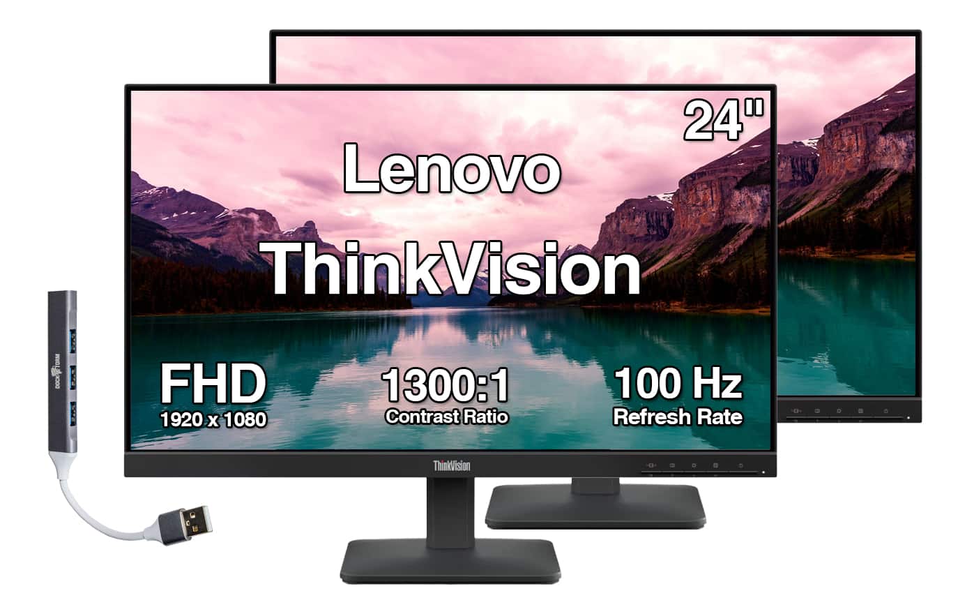Lenovo - ThinkVision 24" FHD IPS Monitor, 4ms Response Time, 100 Hz Refresh rate, Anti-Glare, Flicker Free & DKZ Hub 2Pack - Black