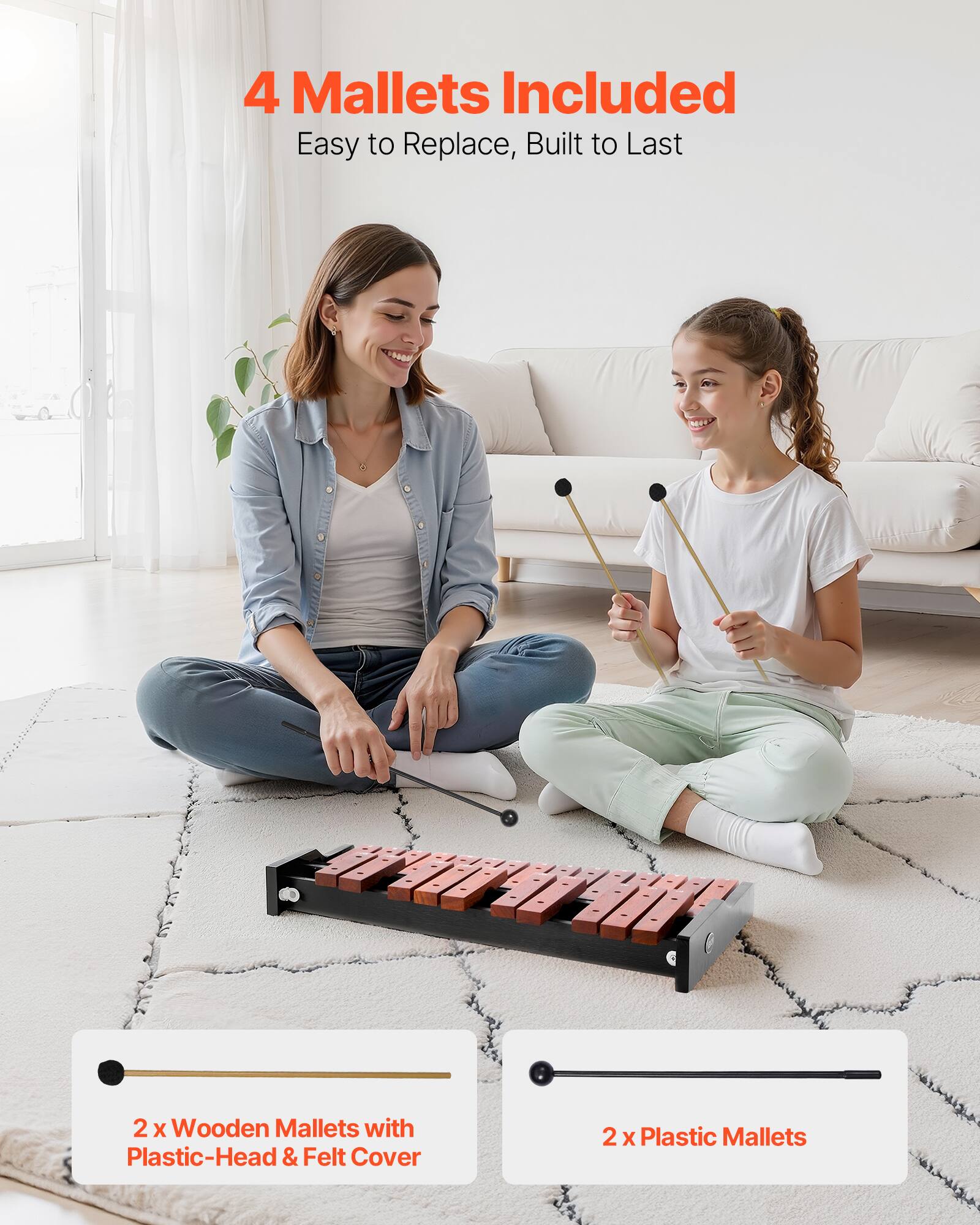 4 Mallets Included  
Easy to Replace, Built to Last  

2 x Wooden Mallets with Plastic-Head & Felt Cover  
2 x Plastic Mallets