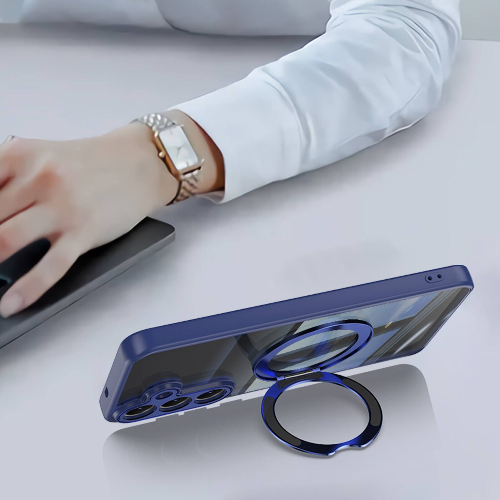 Alt View 4. Dteck - Magnetic Clear Case For Samsung Galaxy S26+, Shockproof Anti-Scratch 360° Ring Holder Stand PC+TPU Protection Cover - Blue.