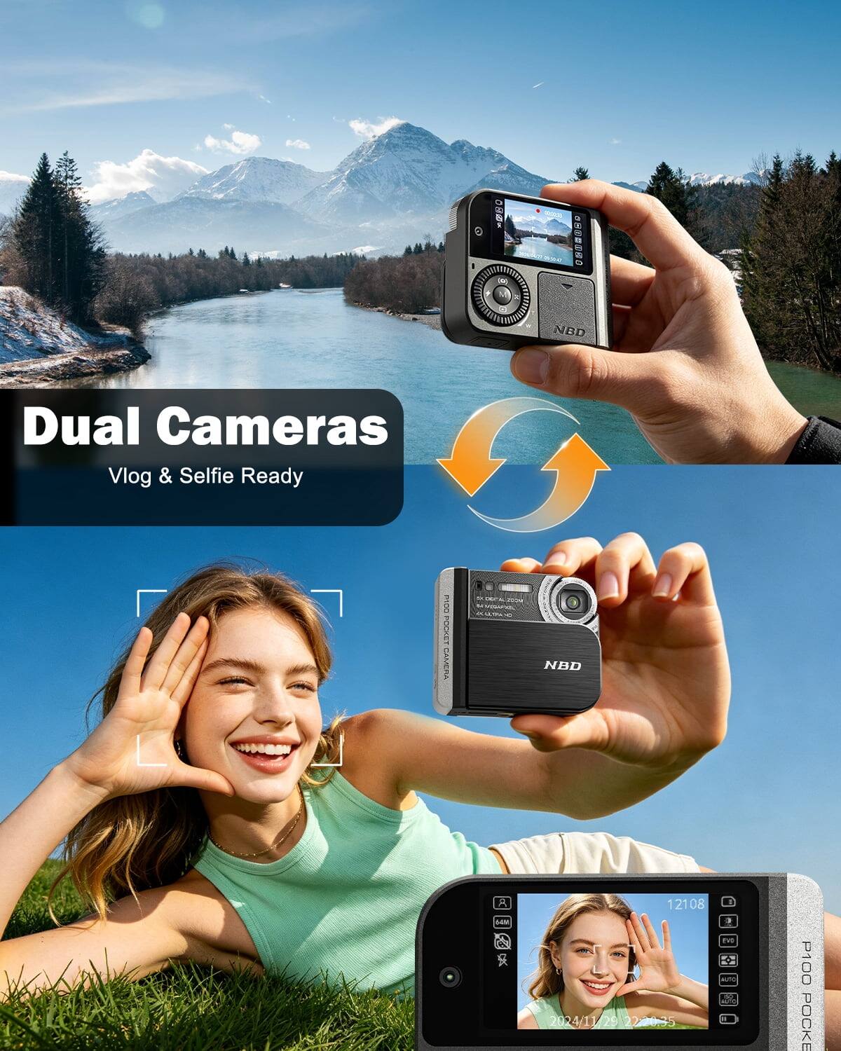 SUGSTA - lbj M  
000-88  
NBD  
Dual Cameras Vlog & Selfie Ready  
P100 POCKET CAMERA  
WT ERITAL COCAN IN MISAFRIXEL M CALTRIA  
NBD  
8 64M  
12108 2024/11 29 22:20:35  
EVG +100  
P100 POCKET