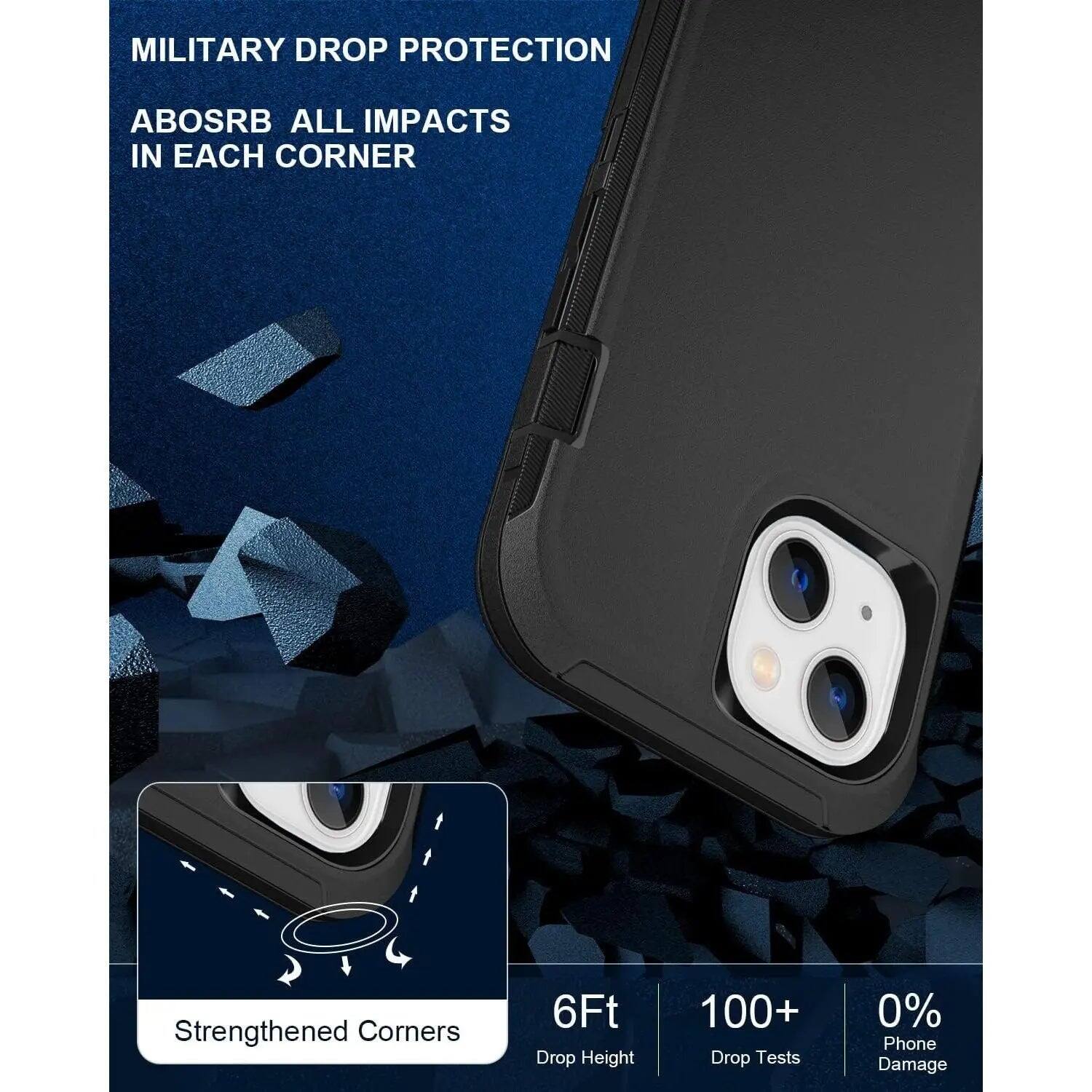 MILITARY DROP PROTECTION  
ABSORB ALL IMPACTS IN EACH CORNER  
Strengthened Corners  
6Ft Drop Height  
100+ Drop Tests  
0% Phone Damage