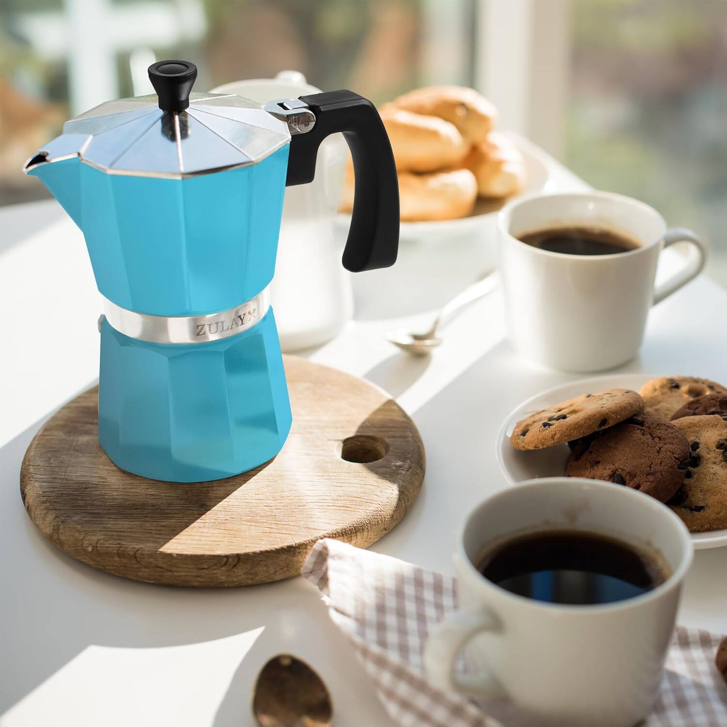 Angle. Zulay Kitchen - Zulay Kitchen Stovetop Espresso Maker - Moka Pot 6 Espresso Cups - Light Blue.