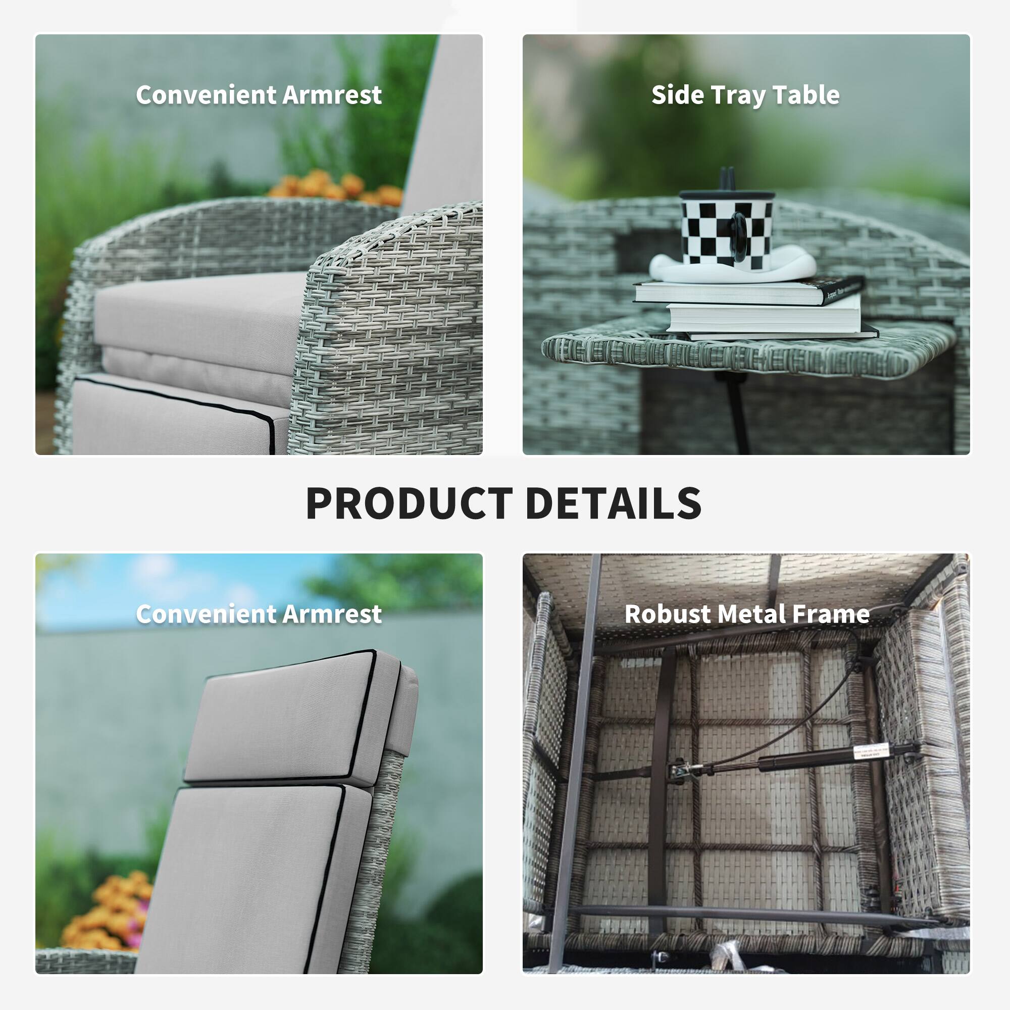 Convenient Armrest  
Side Tray Table  

PRODUCT DETAILS  

Convenient Armrest  
Robust Metal Frame