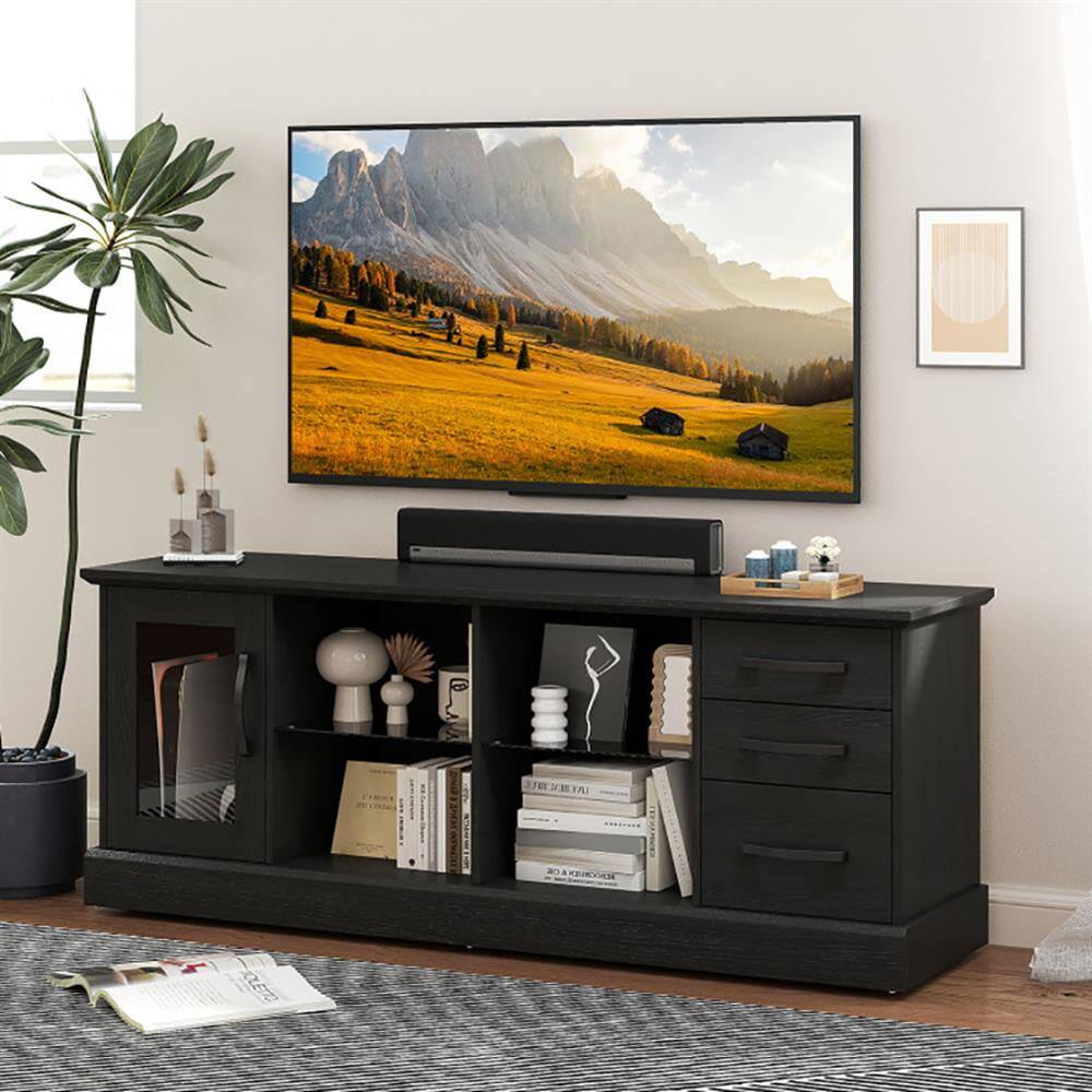 Angle. Kadyn - Entertainment TV Stand,Entertainment Center63 Inches Media Console Table with 3 Drawers and 2 Glass Shelves-Black - Black.