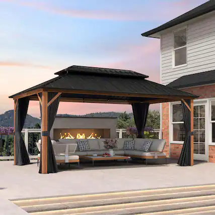 Front. PURPLE LEAF - 10' X 16' Outdoor Aluminum Wood Grain Hardtop Gazebo with Galvanized Steel Double Roof with Netting and Curtains - 10' X 16'.