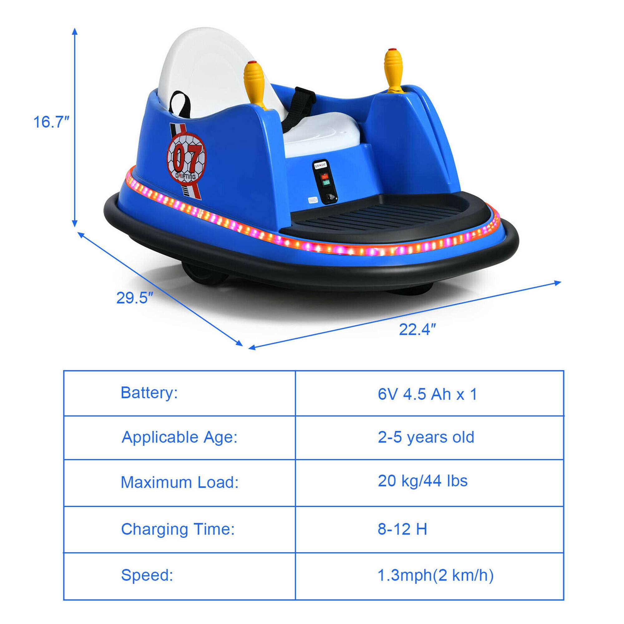 16.7"  
29.5"  
22.4"  

Battery:  
6V 4.5 Ah x 1  

Applicable Age:  
2-5 years old  

Maximum Load:  
20 kg/44 lbs  

Charging Time:  
8-12 H  

Speed:  
1.3mph (2 km/h)