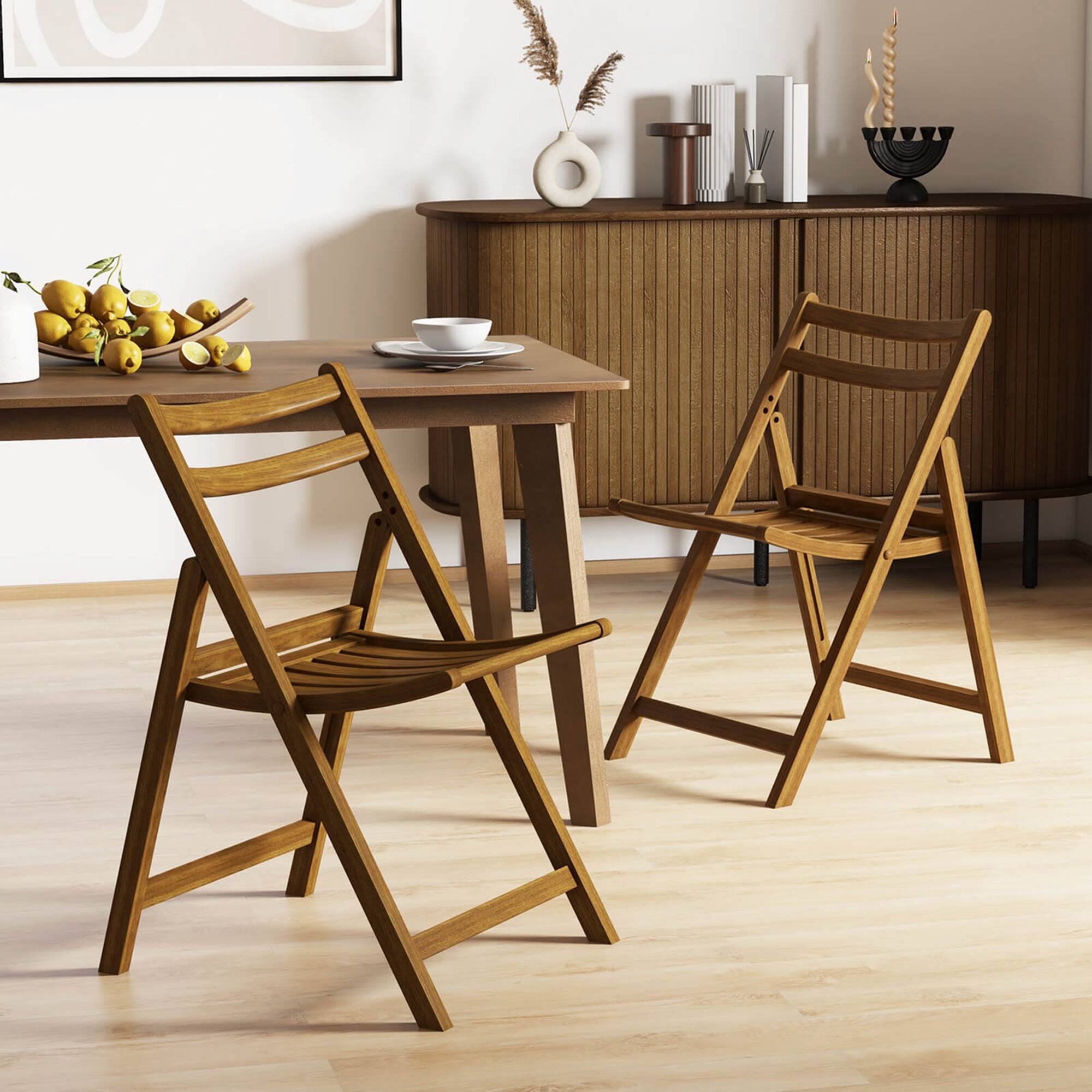 Angle. Costway - Folding Dining Chair Set of 2 with Rubber Wood Frame Slatted Seat Curved Backrest - Brown.