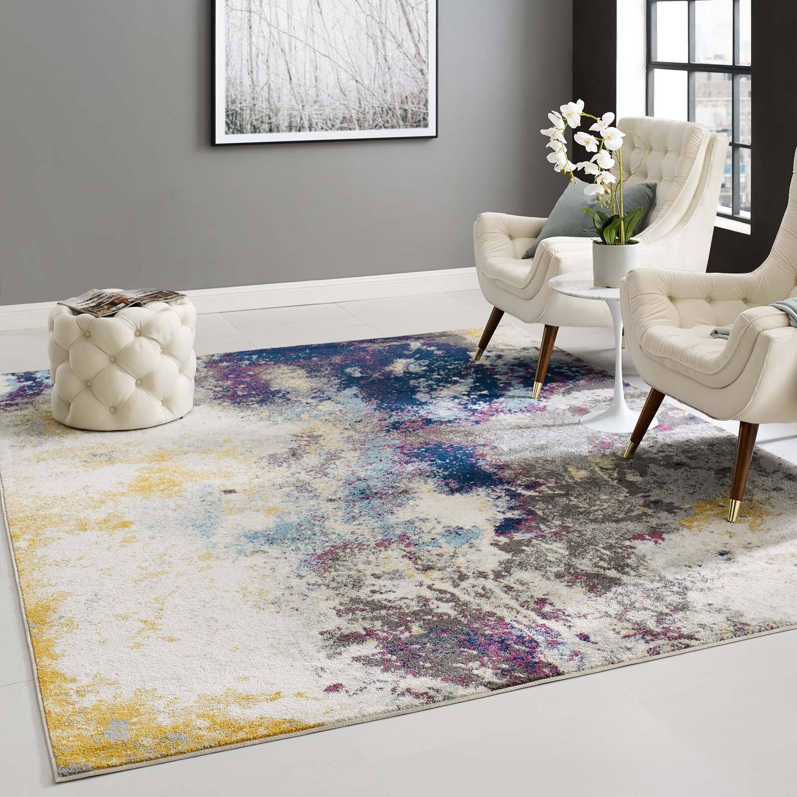 Front. Modway - Entourage Adeline Contemporary Modern Abstract Area Rug - Blue Gray Yellow Ivory Pink.