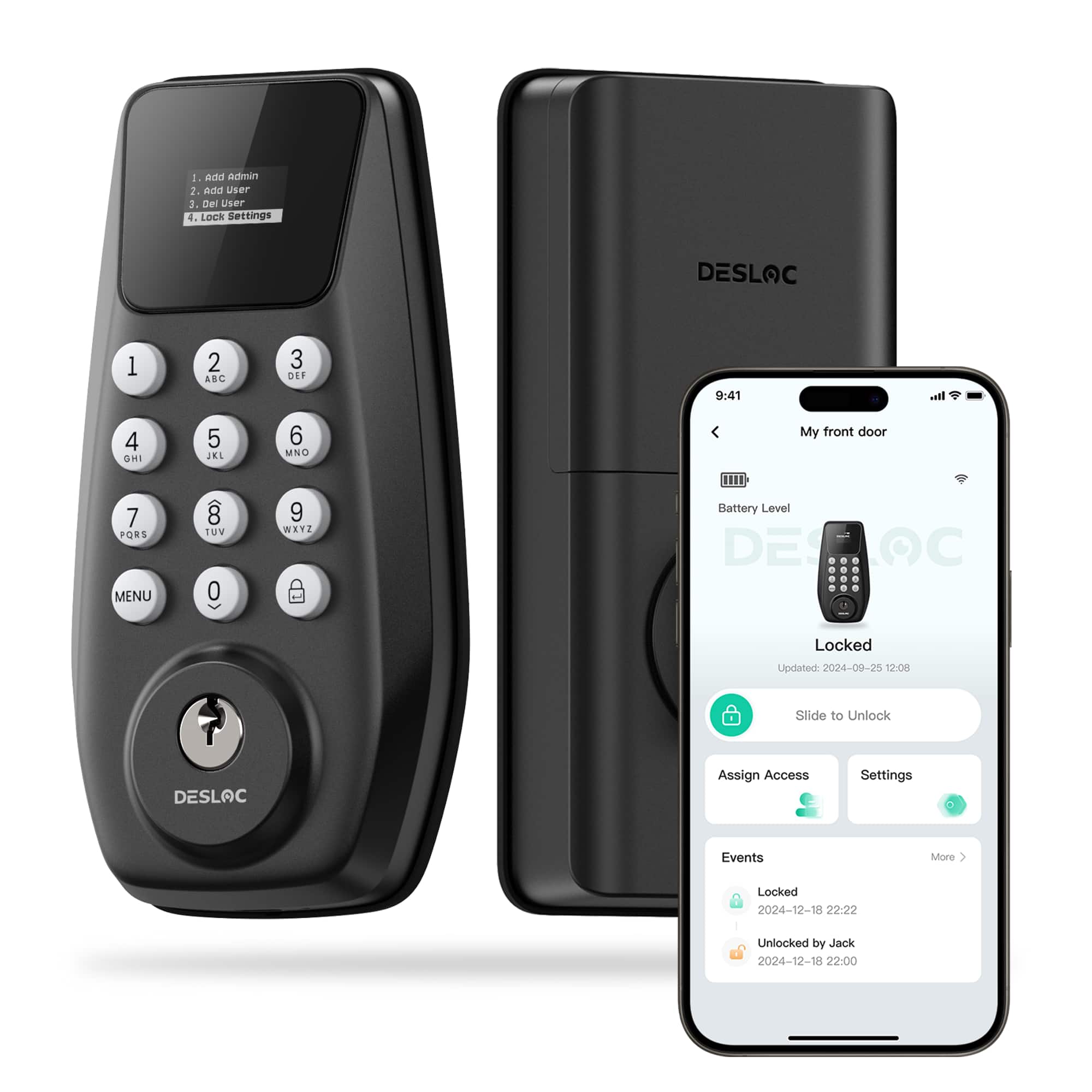 DESLOC - C100 Plus Smart WiFi Door Lock with App Control, Smart Keypad Deadbolt for Front Door - Black