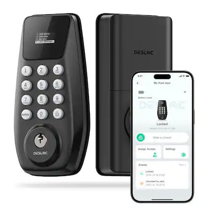 1. Add admin
2. Add user
3. Del user
4. Lock Settings
1 2 ABC
4 GHI
7 PORS
0 MENU
Battery Level
Locked
Updated: 2024-09-25 12:08
Slide to Unlock
Assign Access
Settings
Events
Locked
2024-12-18 22:22
Unlocked by Jack
2024-12-18 22:00
DESLAC
