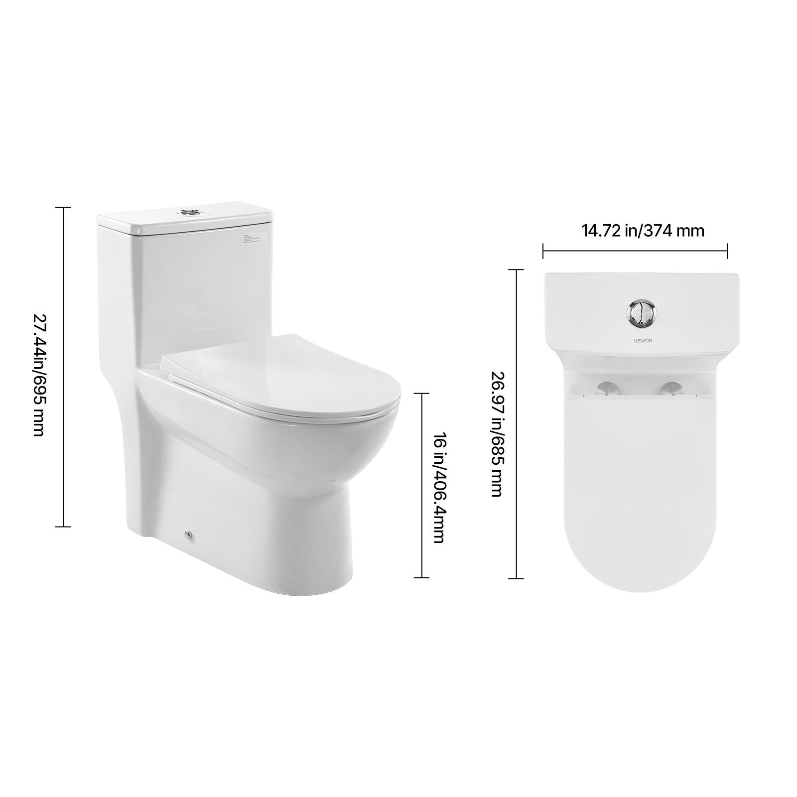 14.72 in/374 mm  
27.44 in/695 mm  
16 in/406.4 mm  
26.97 in/685 mm