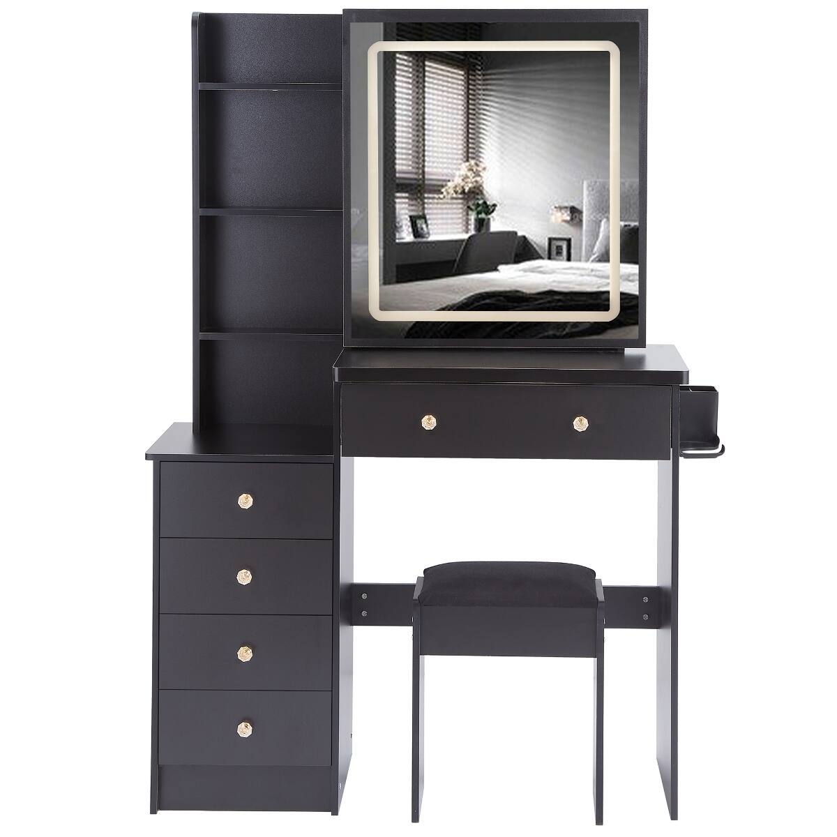 Alt View 8. Loheer - Loheer Makeup Vanity with Sliding Mirror, Black MDF Table with Padded Stool - Black.