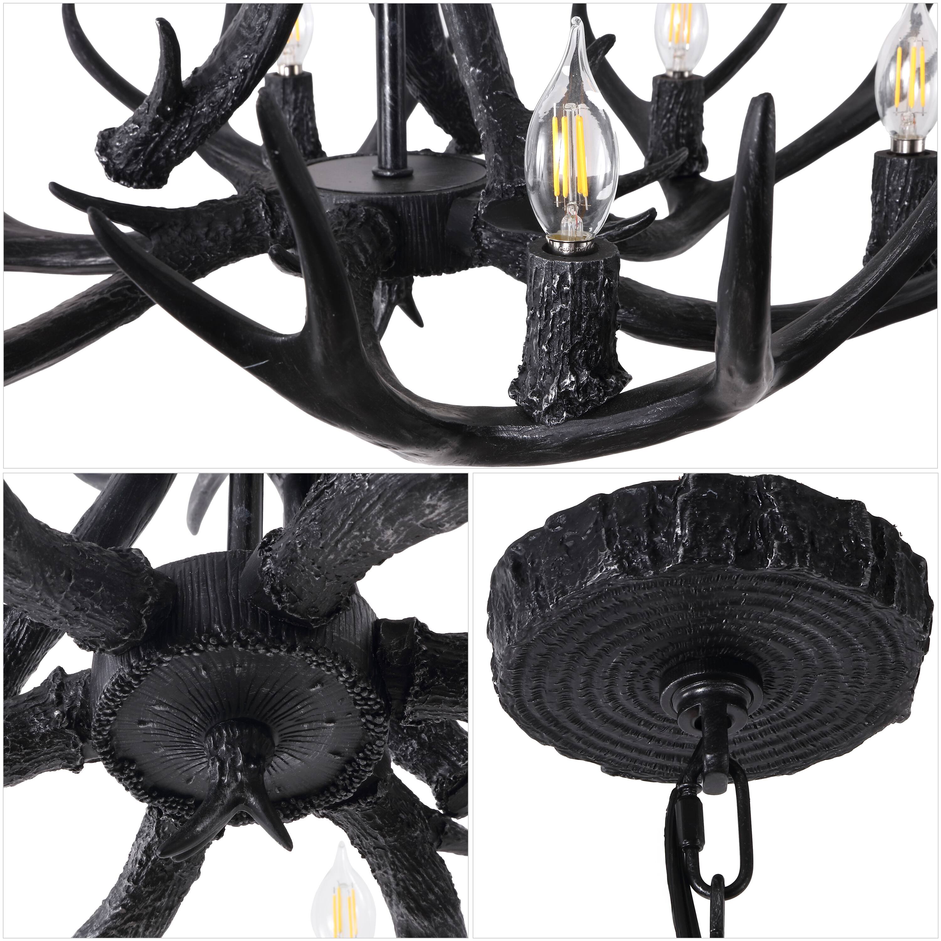 Alt View 4. Jonathan Y - Eldora 33" 6-Light Rustic Farmhouse Adjustable Resin Antler LED Chandelier, Black - Black.