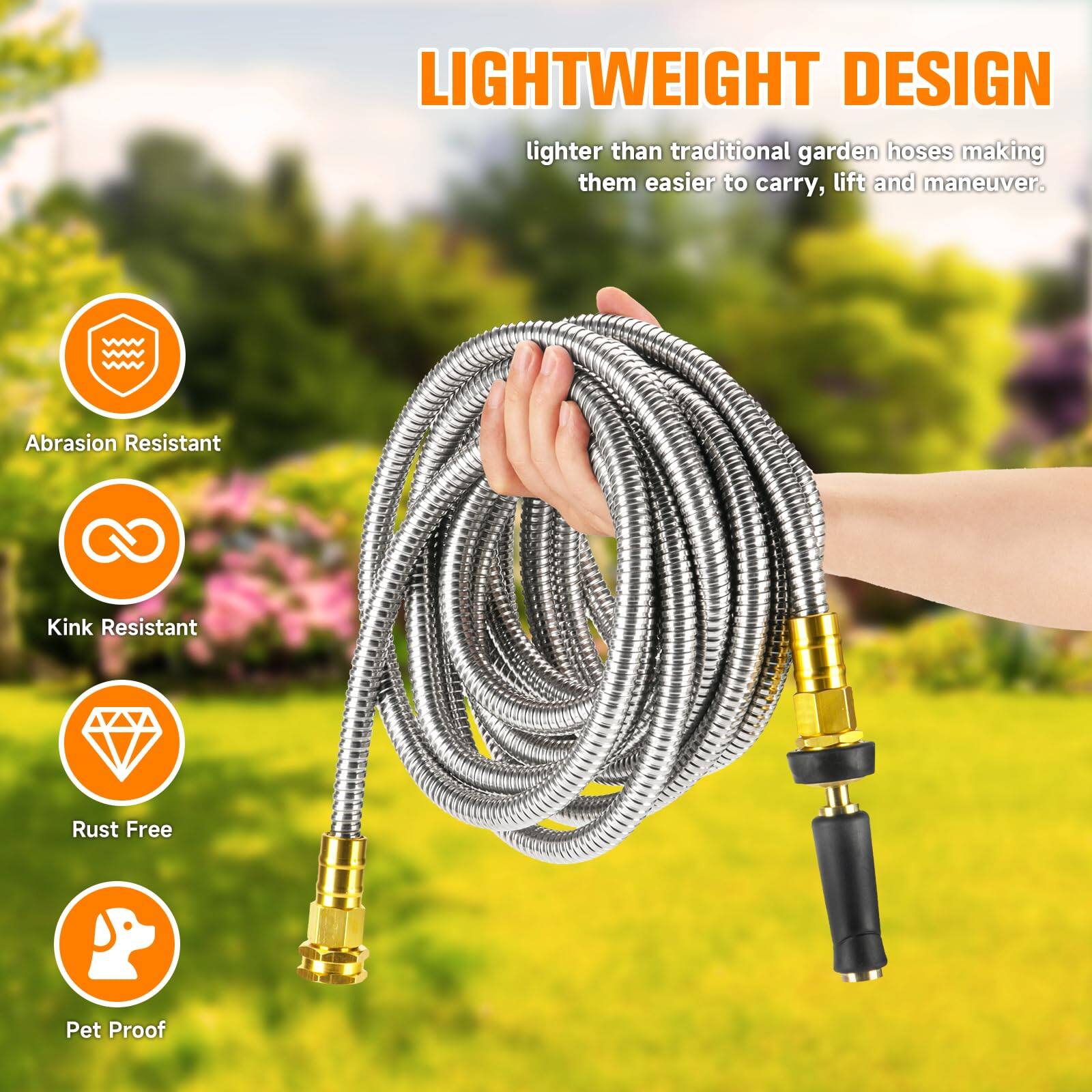 LIGHTWEIGHT DESIGN  
Lighter than traditional garden hoses making them easier to carry, lift and maneuver.

- Abrasion Resistant
- Kink Resistant
- Rust Free
- Pet Proof