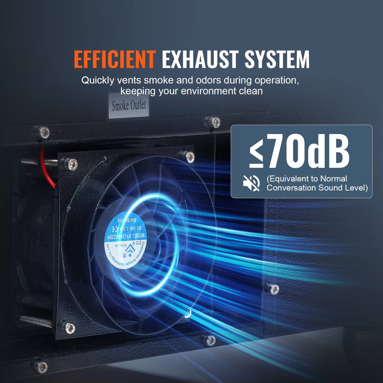 EFFICIENT EXHAUST SYSTEM  
Quickly vents smoke and odors during operation, keeping your environment clean  

Smoke Outlet  

≤70dB  
(Equivalent to Normal Conversation Sound Level)  

24V DC  
WDEXX15BA538H  
alniux 2154  
E sharhen  
OOENADES ahx