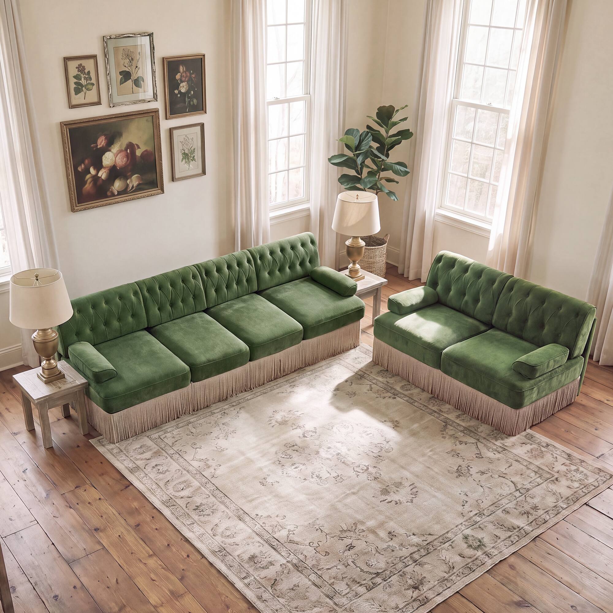 Front. Anysun - Chesterfield Upholstered 2‑Piece Sofa Set, 1Pc 2-Seater & 1Pc 4-Seater Button-Tufted Velvet Couch with Tassel Skirt - Green.