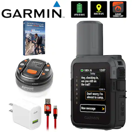 GARMIN™ UPTO 35 DAYS
The Unofficial Master Guide Garmin inReach Series Satellite Communicators Messaging 500 ECO SSENTIALS
BUILT-IN GPS
GARMIN CONNECT APP
WAGAN H 370 GILM 100%-89%-802
Close WAGAN TECH DECO
100% N 12:07 Today Hey, checking in, are you still on the trail? 12:06 Don't worry, I'm almost to camp. New message GARMIN
OK BACK
USB