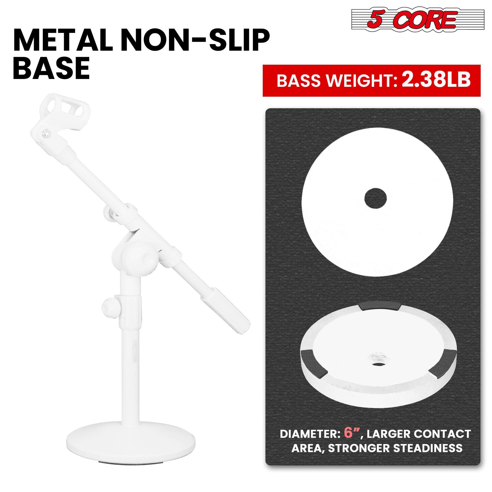 The corrected text is:

"5 CORE METAL NON-SLIP BASE, 2.38LB BASS WEIGHT, DIAMETER: 6", LARGER CONTACT AREA, STRONGER STEADINESS"