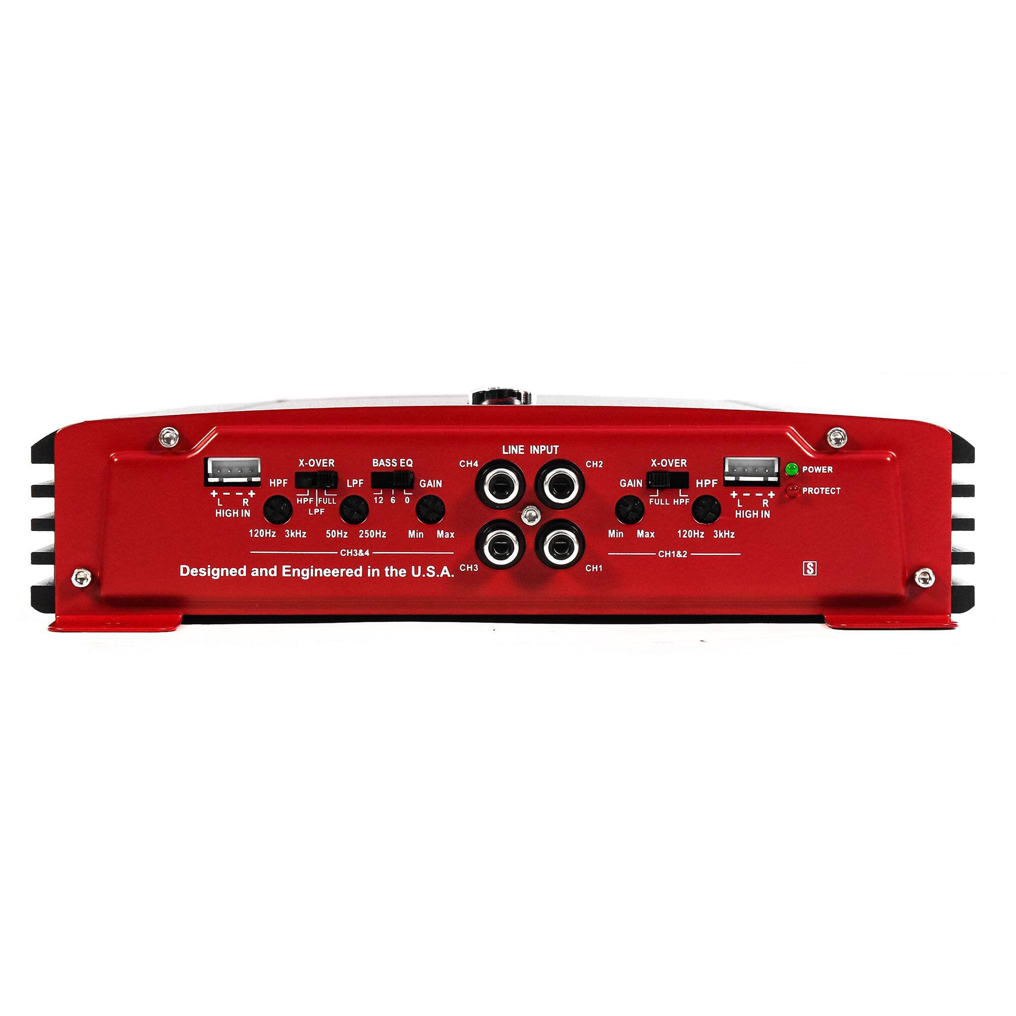 - HIGH IN
  - X-OVER
    - HPF
    - LPF
    - GAIN
    - FULL HPF
    - 120Hz 3kHz
    - 50Hz 250Hz
    - Min Max
  - BASS EQ
    - GAIN
    - 03 HPF LPF
  - CH1
  - CH2
  - LINE INPUT
  - X-OVER
    - HPF
    - LPF
    - GAIN
    - FULL HPF
    - 120Hz 3kHz
    - 50Hz 250Hz
    - Min Max
  - POWER
  - PROTECT
- Designed and Engineered in the U.S.A.
- CH1&2
- CH3&4