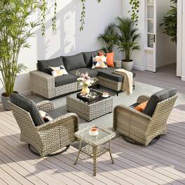 Ovios - 8 PCS Patio Wicker Furniture, Sectional Sofa Set with Coffee Table & Swivel Chairs for Garden - Black
