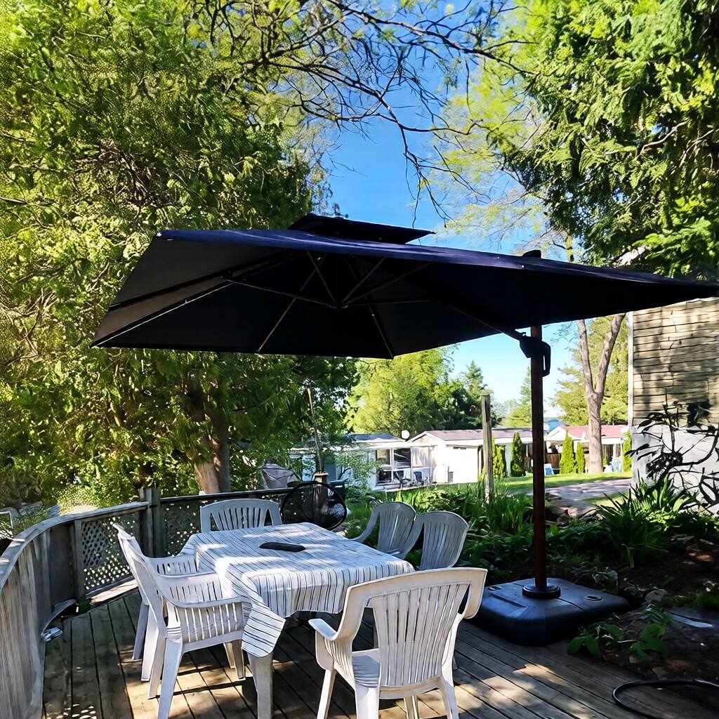 Angle. PURPLE LEAF - 9 ft. Patio Square Outdoor Large Cantilever Umbrella Windproof Offset Heavy Duty Sun Umbrella with Base for Garden - Navy Blue.