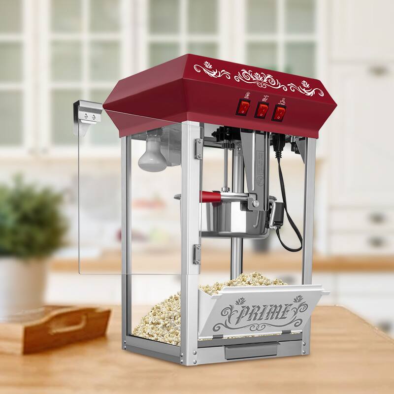 Back. TinyHomie - 12 Ounce Kettle Stainless Steel Commercial Popcorn Machine w/ Tempered Glass Warming Deck 800W Countertop Popcorn Popper - Red.