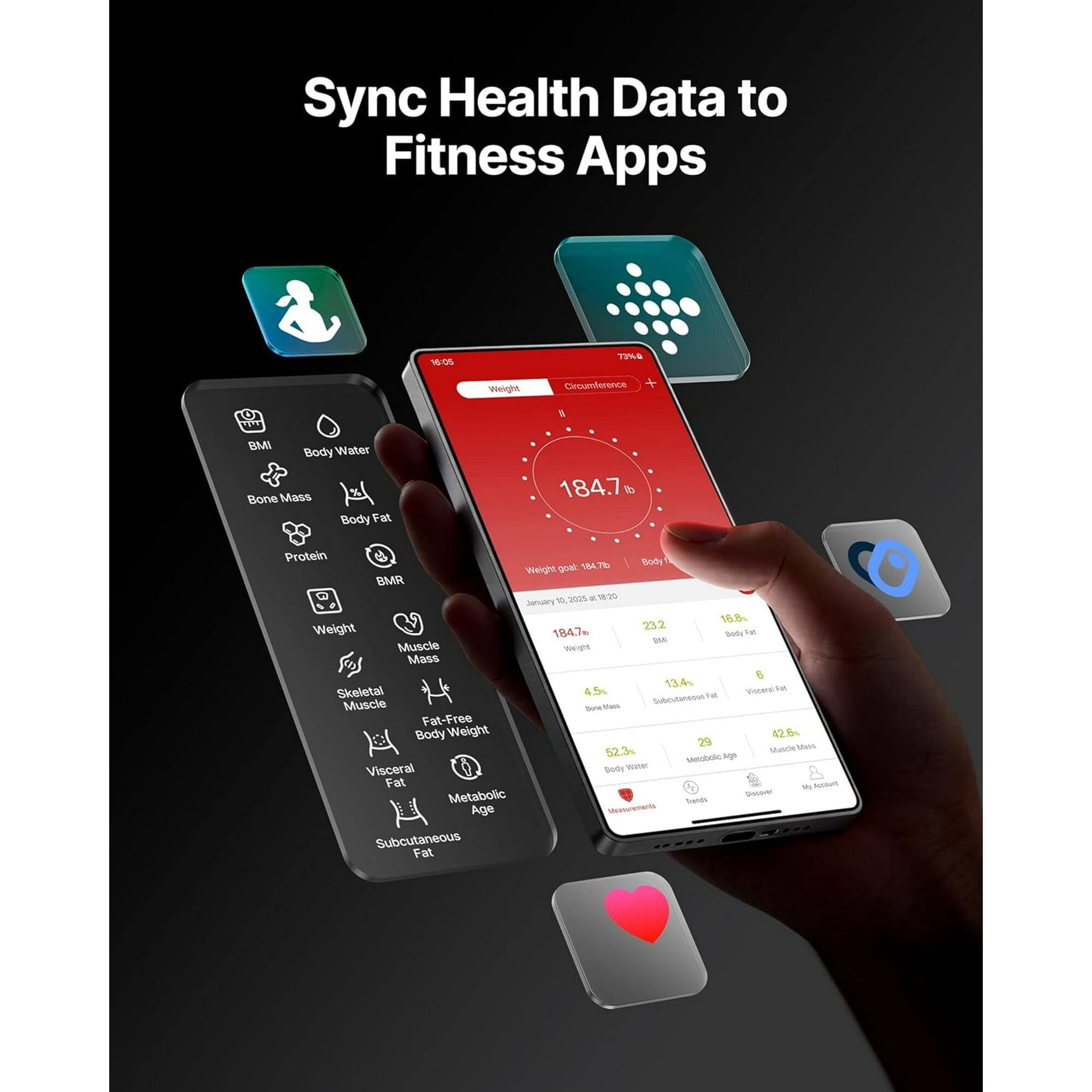 Sync Health Data to Fitness Apps

- BMI
- Body Water
- Bone Mass
- Body Fat
- Protein
- BMR
- Weight
- Muscle Mass
- Skeletal Muscle
- Fat-Free Body Weight
- Visceral Fat
- Metabolic Age
- Subcutaneous Fat

184.7 lbs
23.2
16.8
4.5
13.4
29
42.8
52.3
